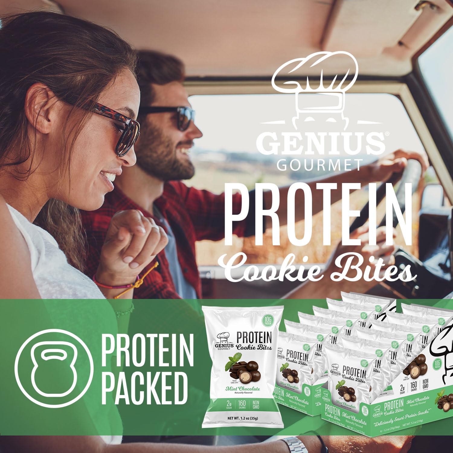 Genius Gourmet Protein Cookie Bites Mint Chocolate - 10g Protein, No Added Sugar, Low Carb, Non-GMO - Healthy Protein Desserts & Snacks for Adults & Kids - 12 Bags - Perfect for Post-Workout, School Lunch & On-the-Go Snacking