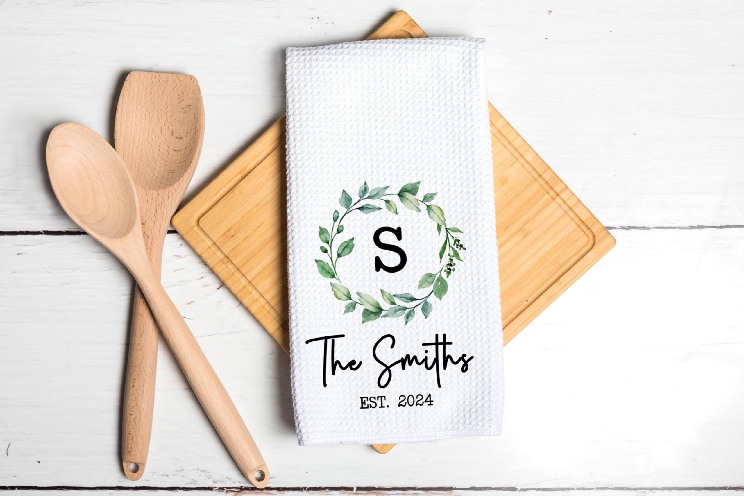 Personalized Greenery Wreath Tea Towel - Waffle Weave Kitchen Towel Set - Housewarming, Wedding & Hostess Gift - Farmhouse Decor for Kitchen, Dining & Holiday Decorating