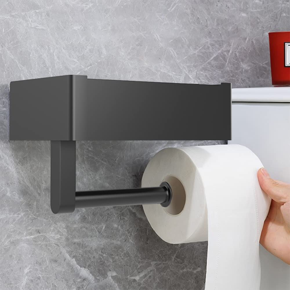 No Drill Toilet Paper Holder with Shelf & Flushable Wipes Dispenser - Wall Mount Bathroom Tissue Storage Organizer for Home, RV, and Office Use