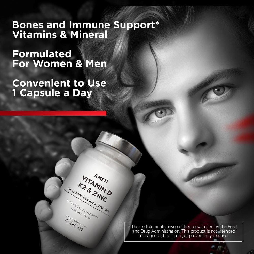 Codeage Amen Vitamin D3 + K2 with Zinc Supplement - Supports Immune System, Bone & Heart Health - for Men & Women - Daily Wellness & Immune Support