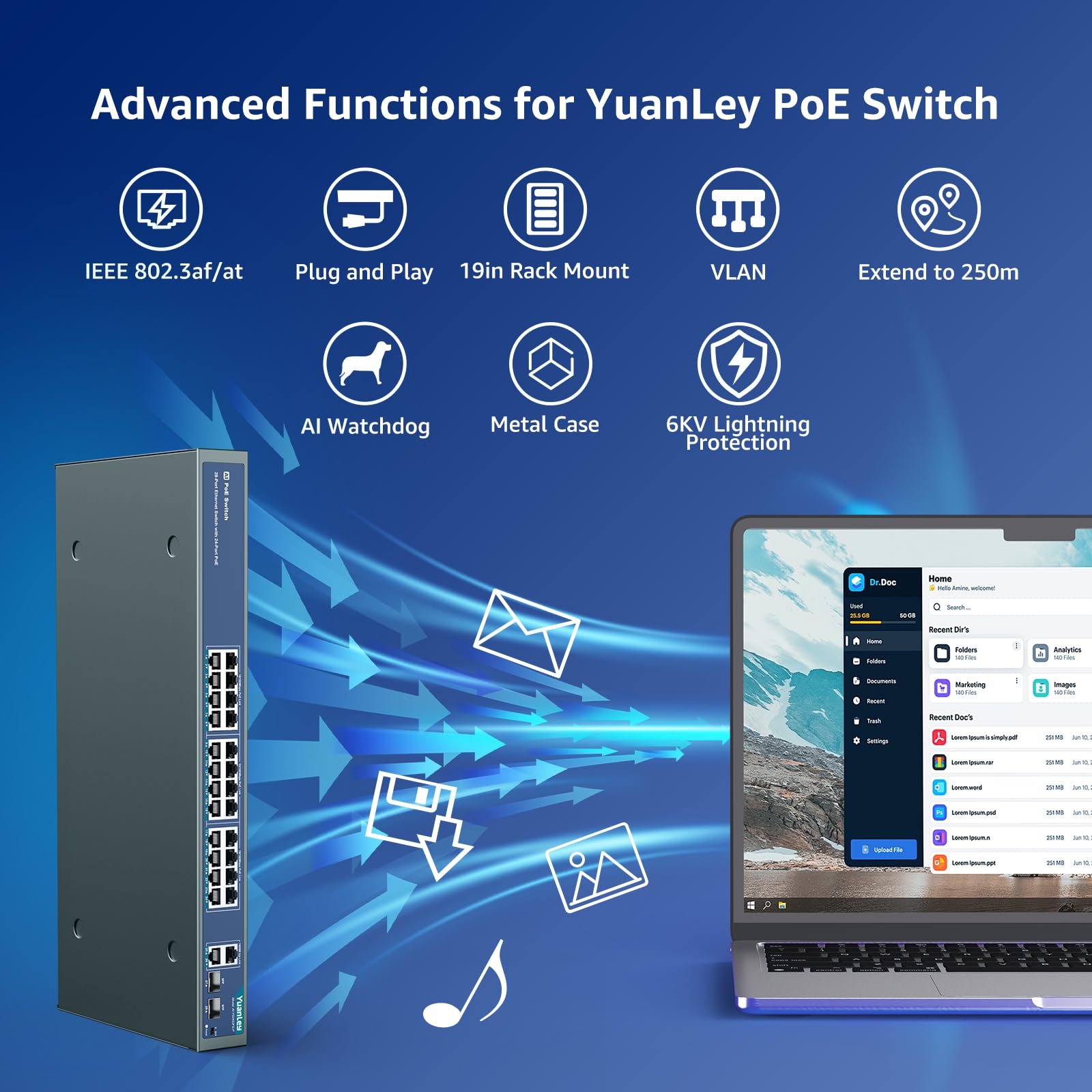 YuanLey 24 Port PoE+ Gigabit Ethernet Switch with 2 SFP Ports, 400W Power, 802.3af/at Compliant, Unmanaged Network Switch with AI Watchdog, VLAN Support, 250m Extended Range, Rack Mountable - Ideal for Office, Warehouse & Security Camera Systems