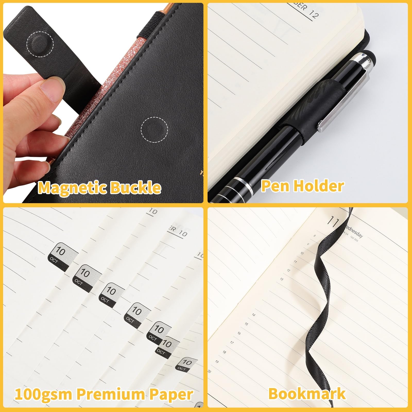 2025 Daily Planner A5 Size - Jan to Dec 2025 Academic Diary with Leather Cover & Stickers | 360 Pages 80GSM Paper | 21x14cm Black | Perfect for Students, Professionals & Gift Giving