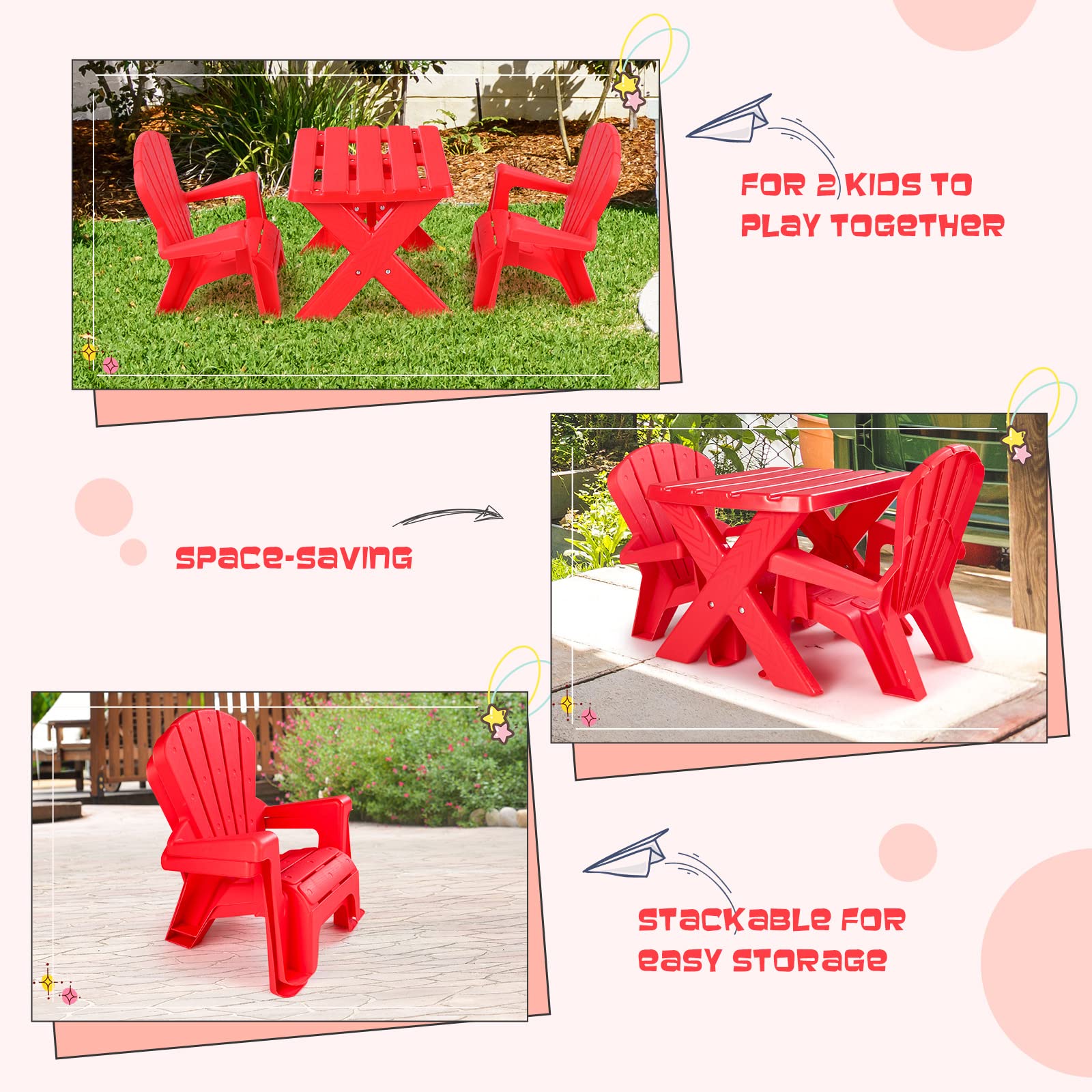 COSTWAY Kids Outdoor Table & Chair Set - 3-Piece Toddler Play Table with 2 Adirondack Chairs, Stackable Space-Saving Backyard Furniture for Beach, Garden & Lawn (Red) | Perfect for Outdoor Play, Picnics & Summer Activities