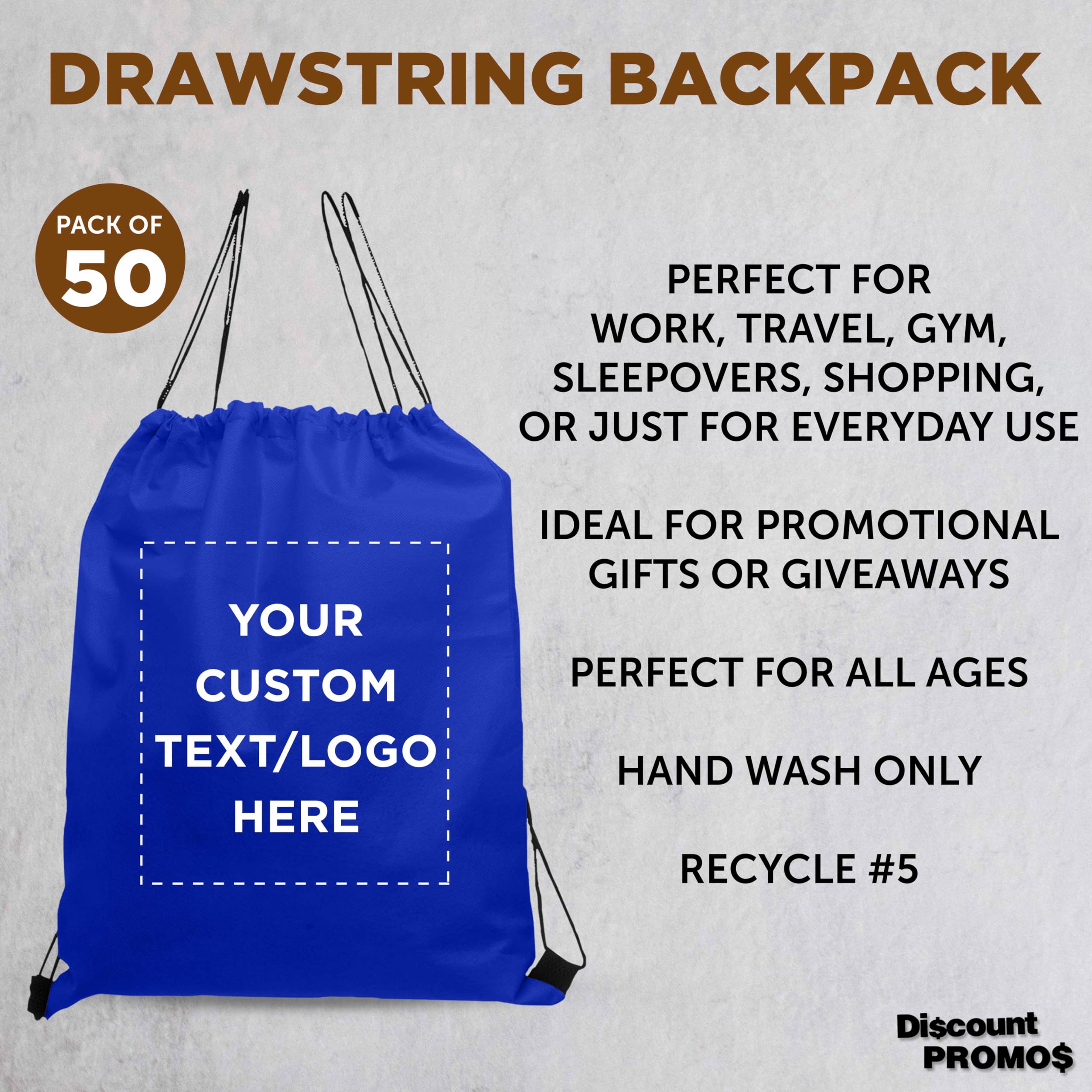 Custom Non-Woven Drawstring Backpacks Bulk Pack of 50 - Personalized Promotional Backpacks for Travel, Gym, School & Everyday Use - Lightweight & Durable - Perfect for Events, Giveaways & Sports - Blue