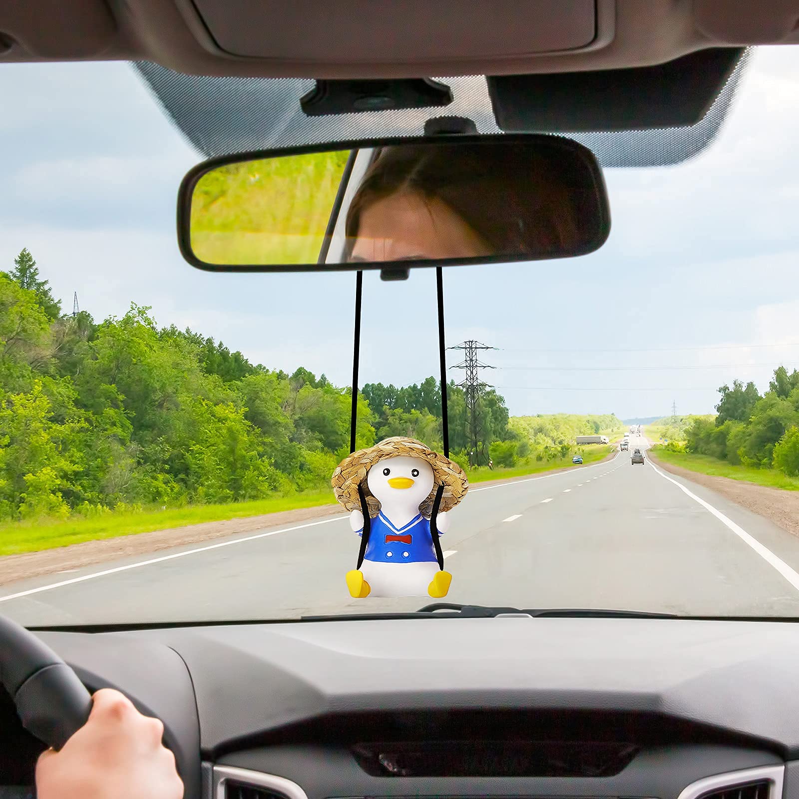 Cute Swing Duck Car Mirror Pendant - Fun Rearview Mirror Decor for Women & Men - Perfect for Road Trips & Daily Commute