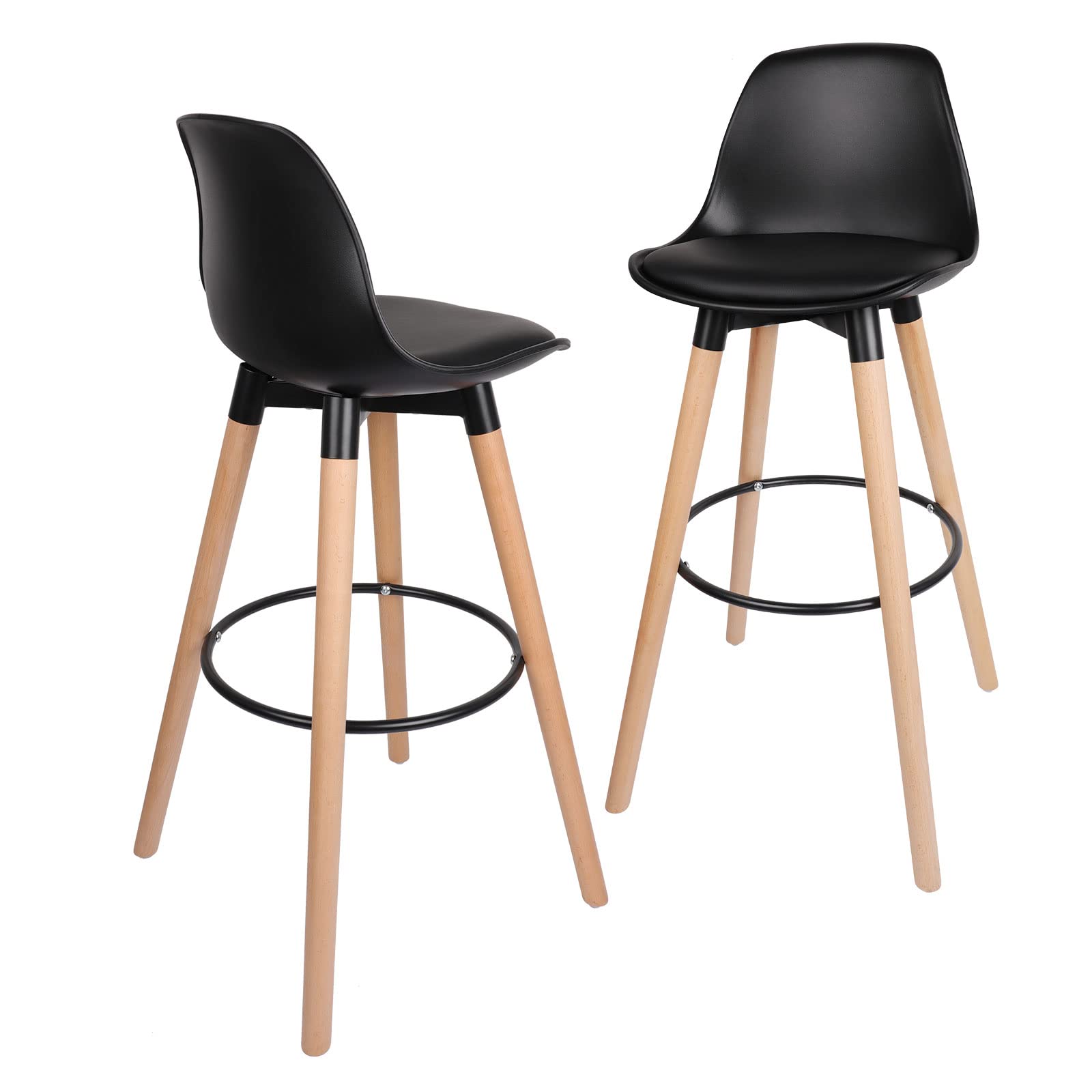 RêveLife 29 Inch Counter Height Bar Stools Set of 2 - PU Leather Upholstered Modern Bar Chairs with Backrest, Beech Wood Legs & Metal Footrest - Heavy Duty 250lb Capacity - Perfect for Kitchen Island, Dining Room, Home Bar & Breakfast Nook - Black