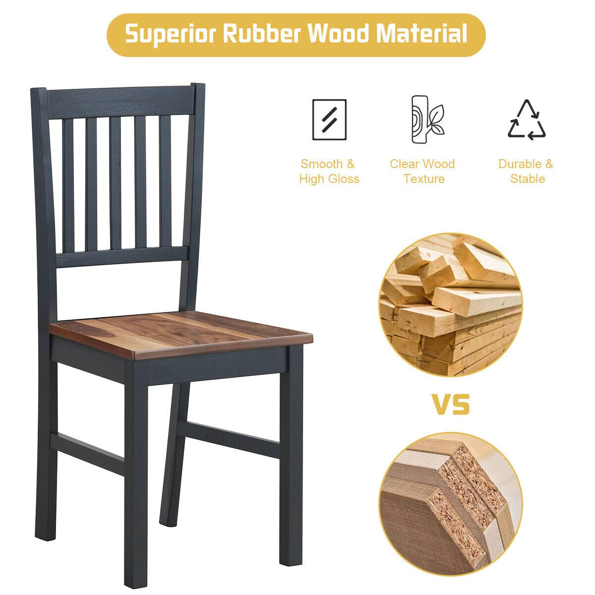 COSTWAY Set of 4 Dining Chairs - Solid Rubber Wood Armless Side Chairs with Slat Back, Black Base & Walnut Seat - Perfect for Home Kitchen, Dining Room, Breakfast Nook & Small Space Decor