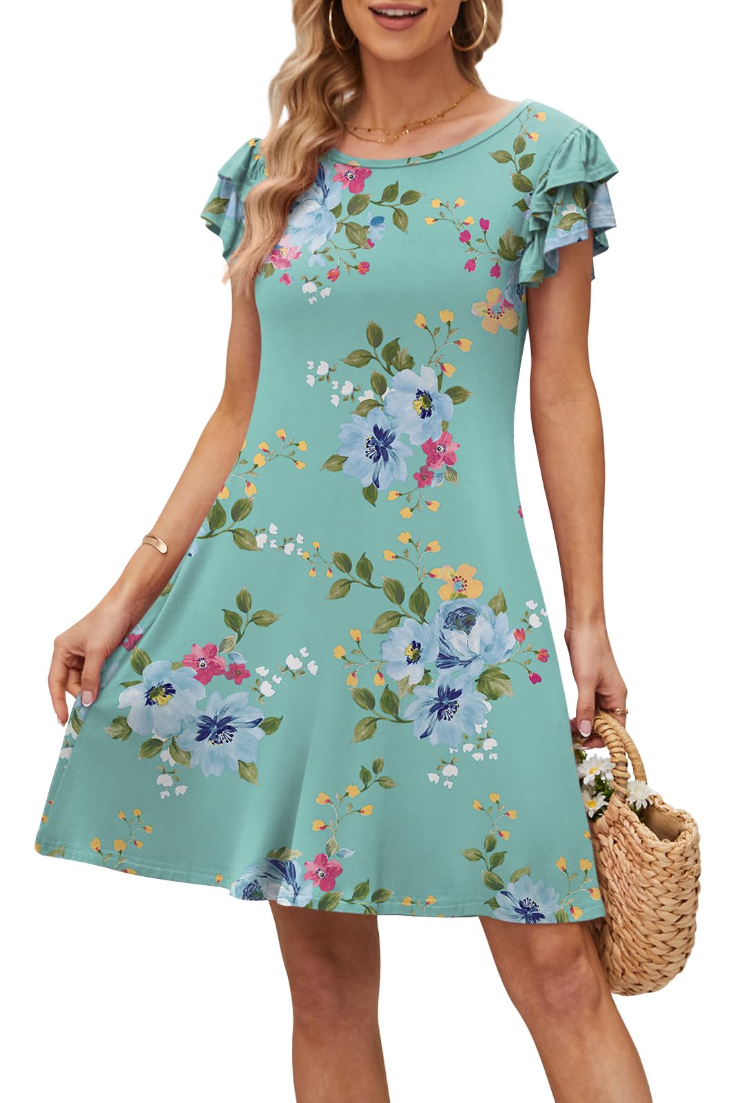 DB MOON Women's 2025 Mini Summer Dress - Casual Ruffle Short Sleeve Crew Neck Flowy Dress with Pockets | Perfect for Beach, Vacation & Date Night Outfits