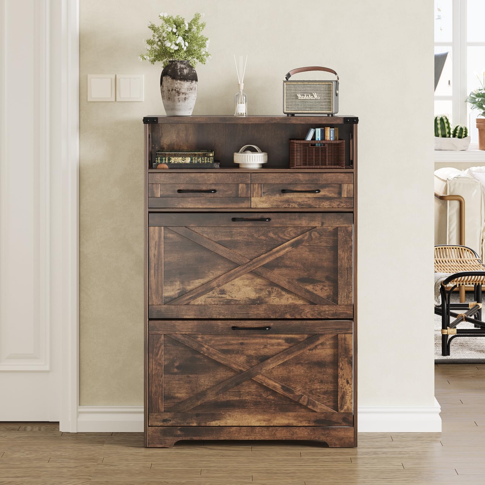 Farmhouse Shoe Storage Cabinet with 2 Flip Drawers & 2 Drawers - Rustic Brown Entryway Organizer for Shoes, Boots & Accessories | Perfect for Small Spaces, Hallway, Front Door & Apartment Entry Storage