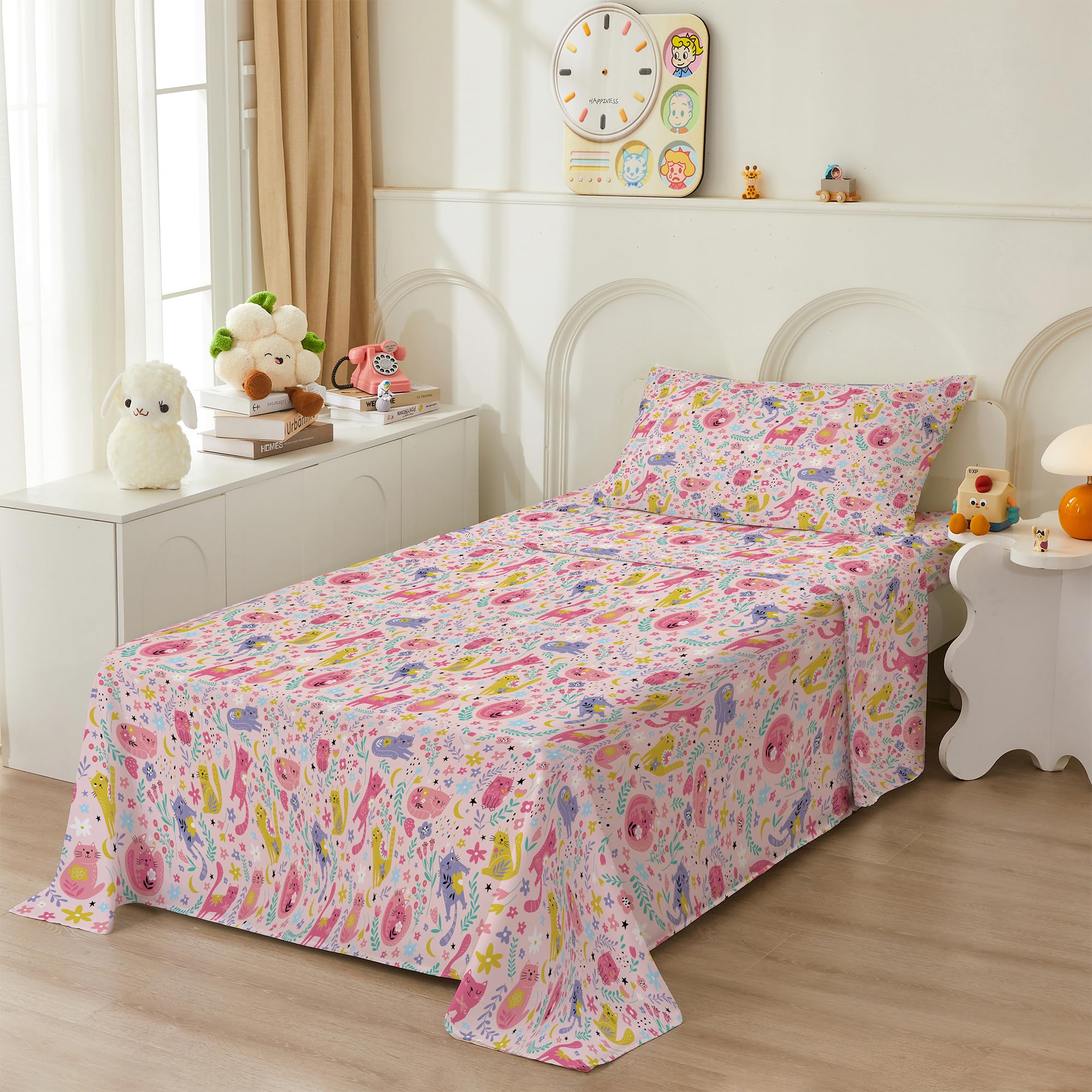 Cute Pink Cat Twin Sheets for Girls - Soft Microfiber Bedding Set with Pillowcases & Corner Straps - Perfect for Kids' Room Decor and Cozy Sleep