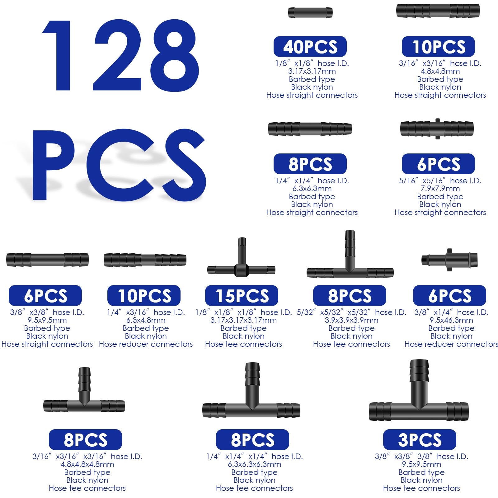 128 Pcs Nylon Vacuum Connector Assortment Kit - 12 Sizes Heat Resistant (240℃) Automotive Hose Fittings for Car, Truck, Marine & Industrial Use - Perfect for Engine Repairs, HVAC Systems & DIY Projects