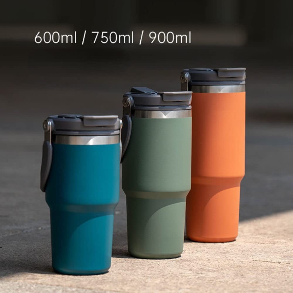900ml Large-Capacity 304 Stainless Steel Sports Water Bottle with Straw - Insulated Thermos for Coffee, Tea & Cold Drinks - Leakproof Travel Mug for Gym, Hiking, Office & Car (Orange)