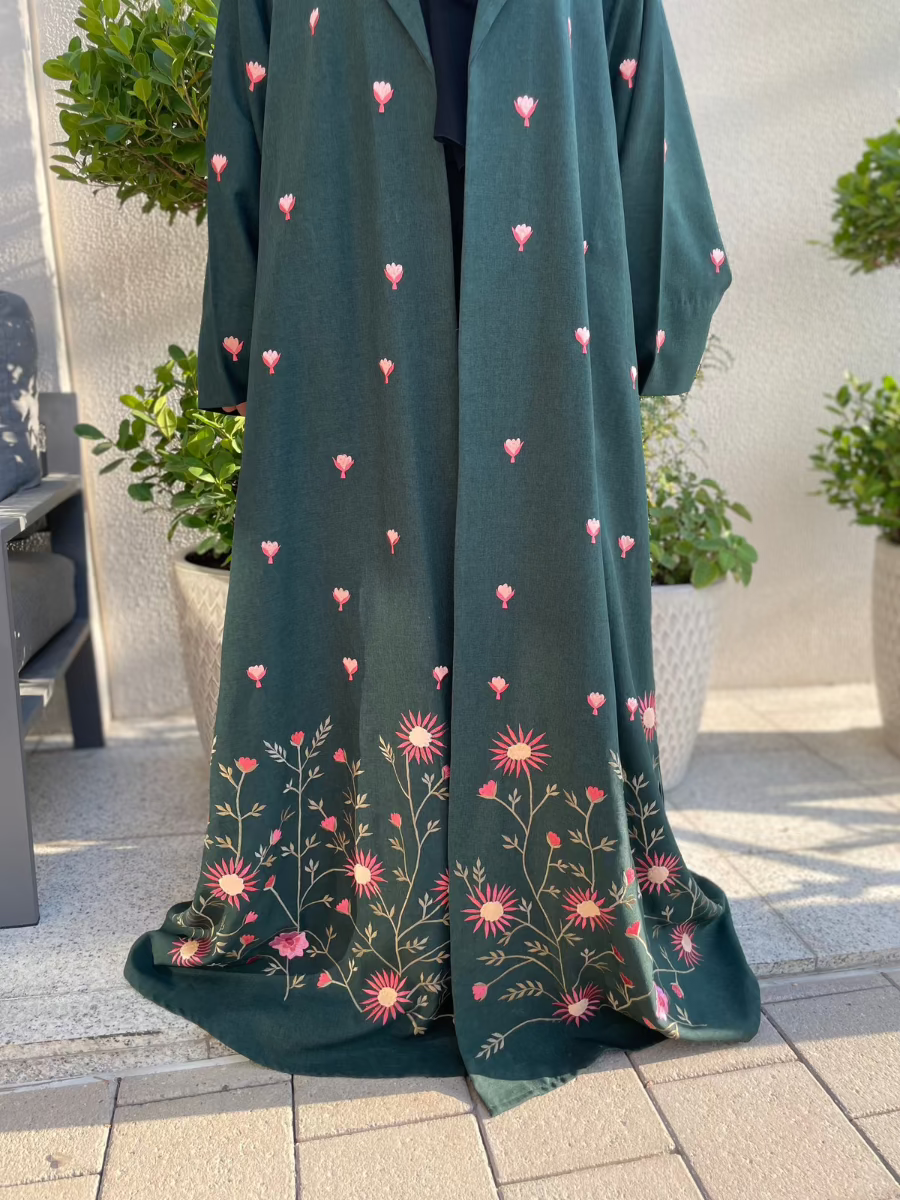 Elegant Green Linen Abaya Dress with Floral Embroidery - Modest Muslim Prayer Dress for Women - Perfect for Eid, Mosque & Special Occasions