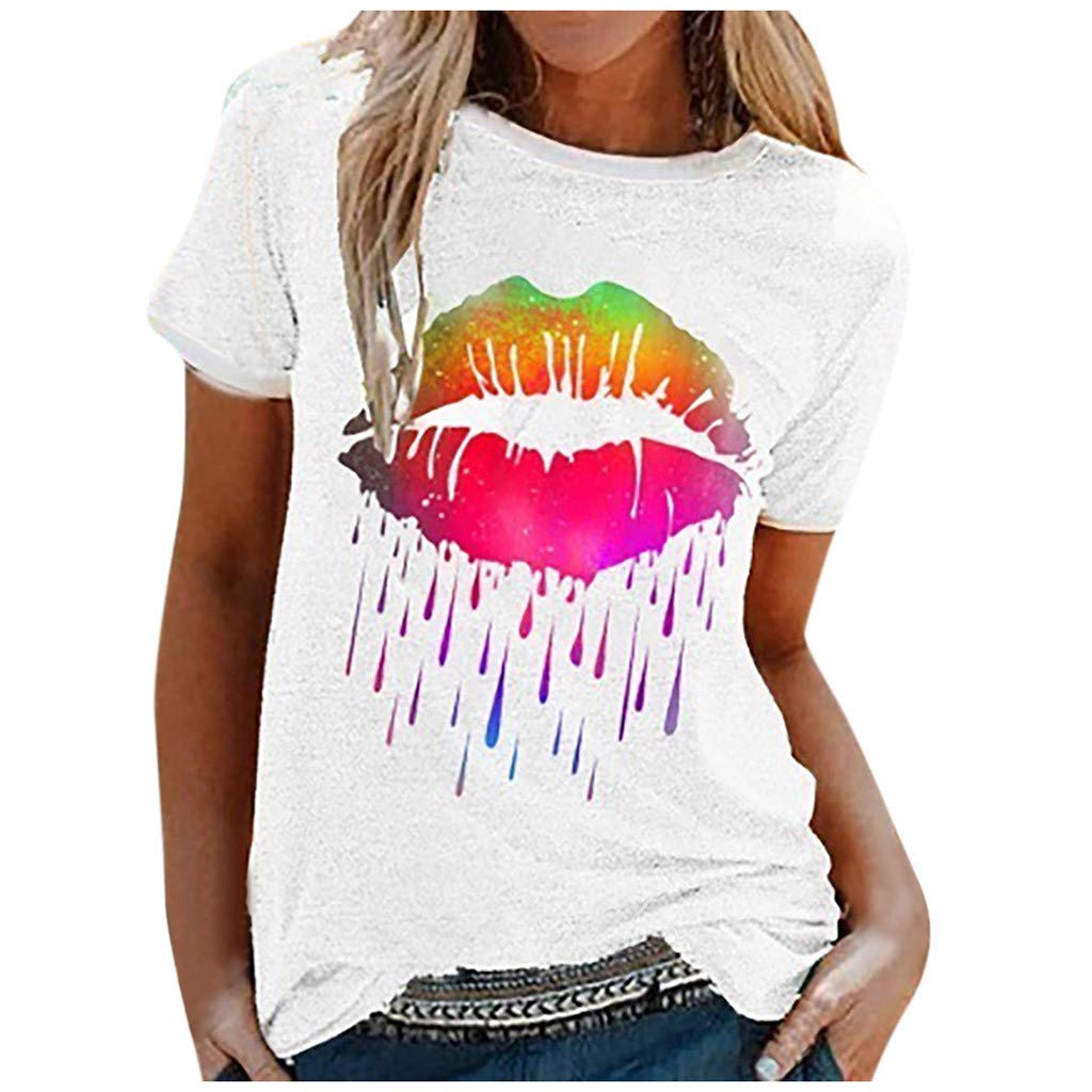 Women's Lip Print Graphic T-Shirt - Cute Short Sleeve Summer Tee Top for Casual Outfits & Beach Wear