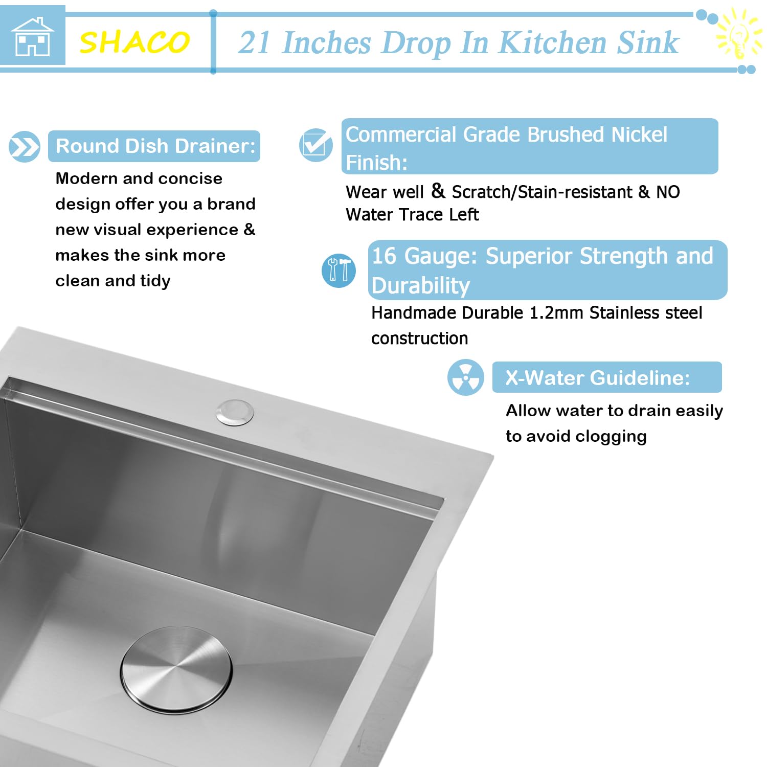 SHACO 21 Inch Drop-In Stainless Steel Kitchen Sink - 21x20 Inch Single Bowl Top Mount Sink for RV, Outdoor, Laundry & Wet Prep Workstation with Accessories | Perfect for Small Kitchens, Camper Vans & Utility Rooms