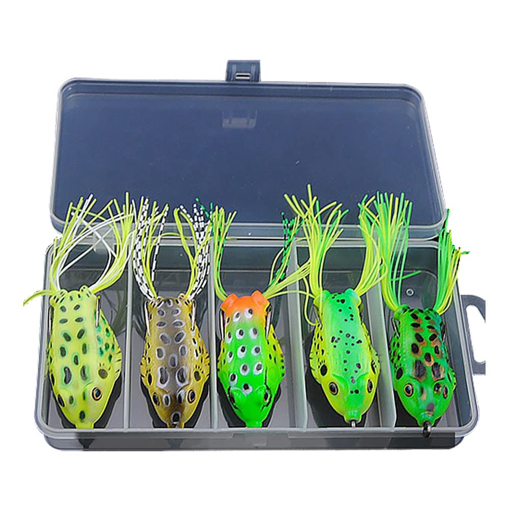 Eioflia 5PCS Weedless Frog Lures with Hooks - Soft Fishing Baits for Bass & Pike - Realistic Swimbait Tackle with Storage Box - Perfect for Freshwater & Saltwater Fishing