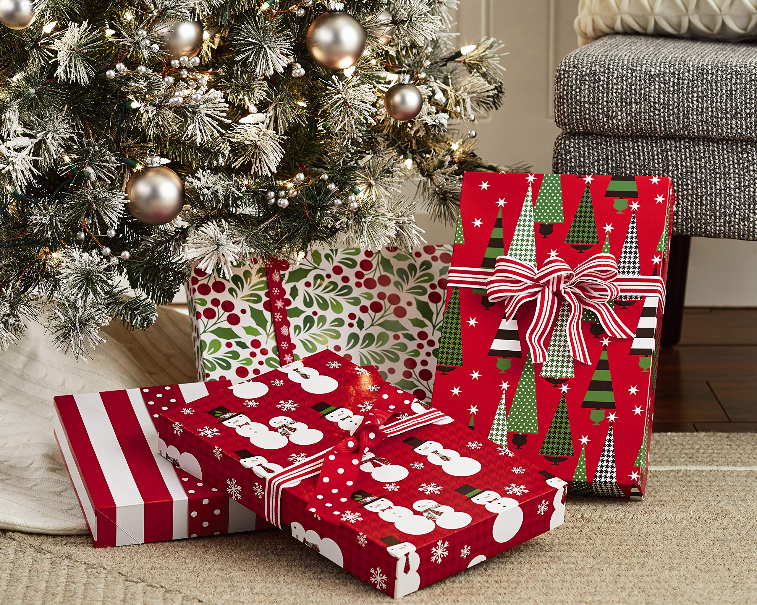 Hallmark Medium Christmas Gift Boxes with Lids - 12 Pack (4 Festive Designs: Trees, Stripes, Snowmen, Holly) | Perfect for Holiday Gifts, Christmas Parties, Hostess Presents & Corporate Gift Packaging