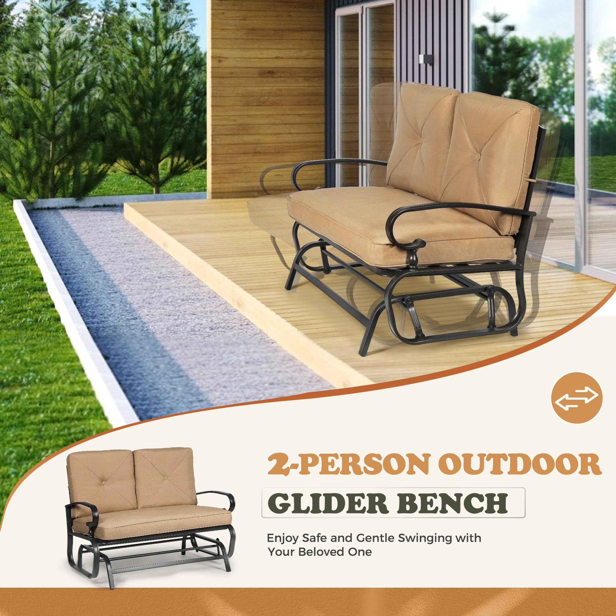 4-Piece Outdoor Patio Conversation Set - Glider Loveseat with 2 Spring Chairs & Coffee Table - Brown Cushions Included - Perfect for Backyard, Garden or Poolside Relaxation