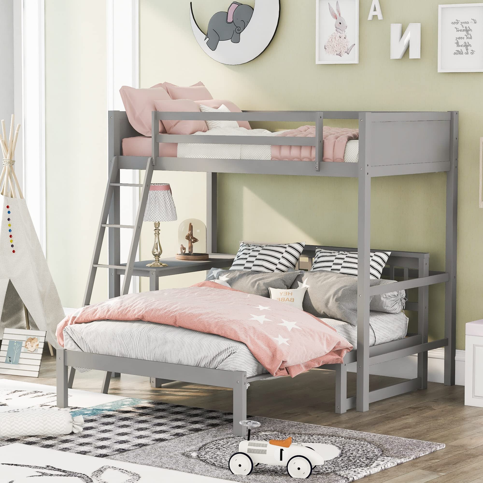 LSHIRT Twin Size Loft Bed with Convertible Lower Bed & Desk - Space Saving Wooden Bunk Bed in Gray - Easy Assembly for Dorm, Apartment & Small Rooms