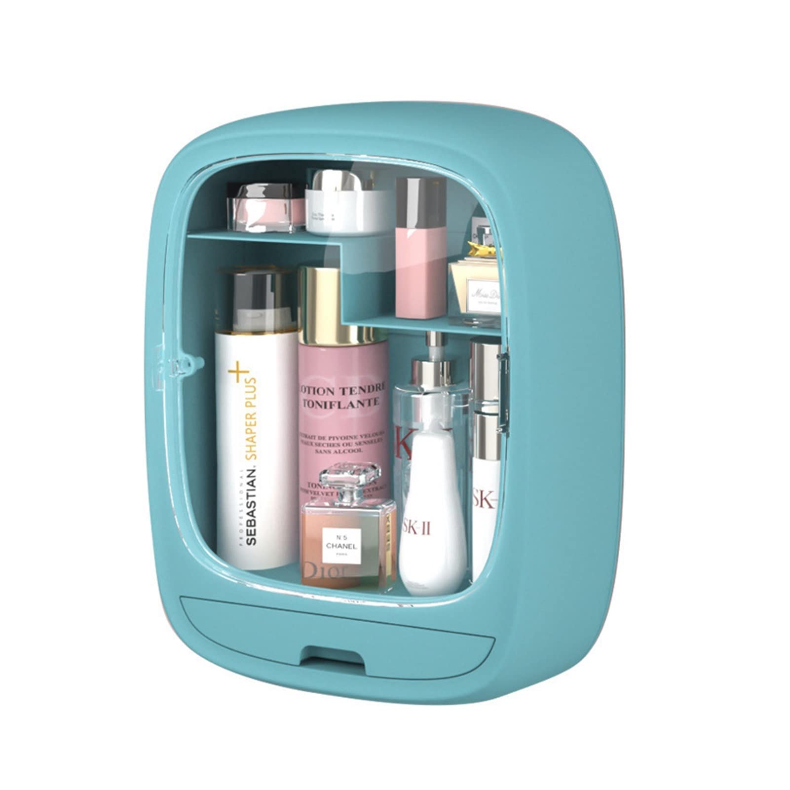 GSYY No Holes Wall Mount Makeup Organizer - 4-Tier Transparent ABS Plastic Cosmetic Storage Box with Drawers, Dustproof Bathroom Vanity Organizer (Blue) - Perfect for Small Spaces, Bedroom & Bathroom Organization