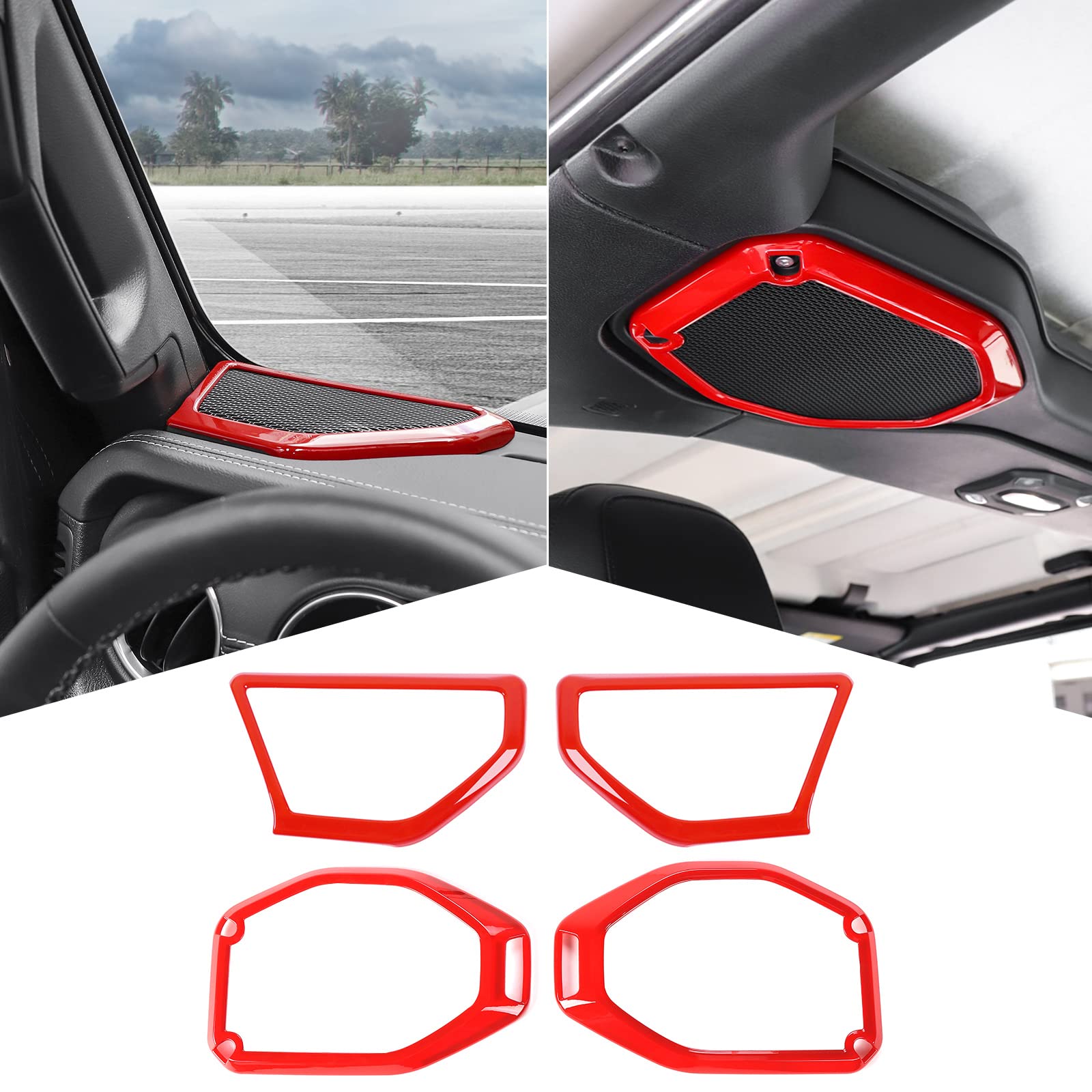 Jeep Wrangler JL JLU & Gladiator JT 2018-2022 Red Pillar Speaker Trim Cover & Roof Speaker Audio Trim Ring Kit - Interior Accessories Upgrade for Enhanced Car Audio & Stylish Decoration - Perfect for Off-Road Adventures & Daily Commuting
