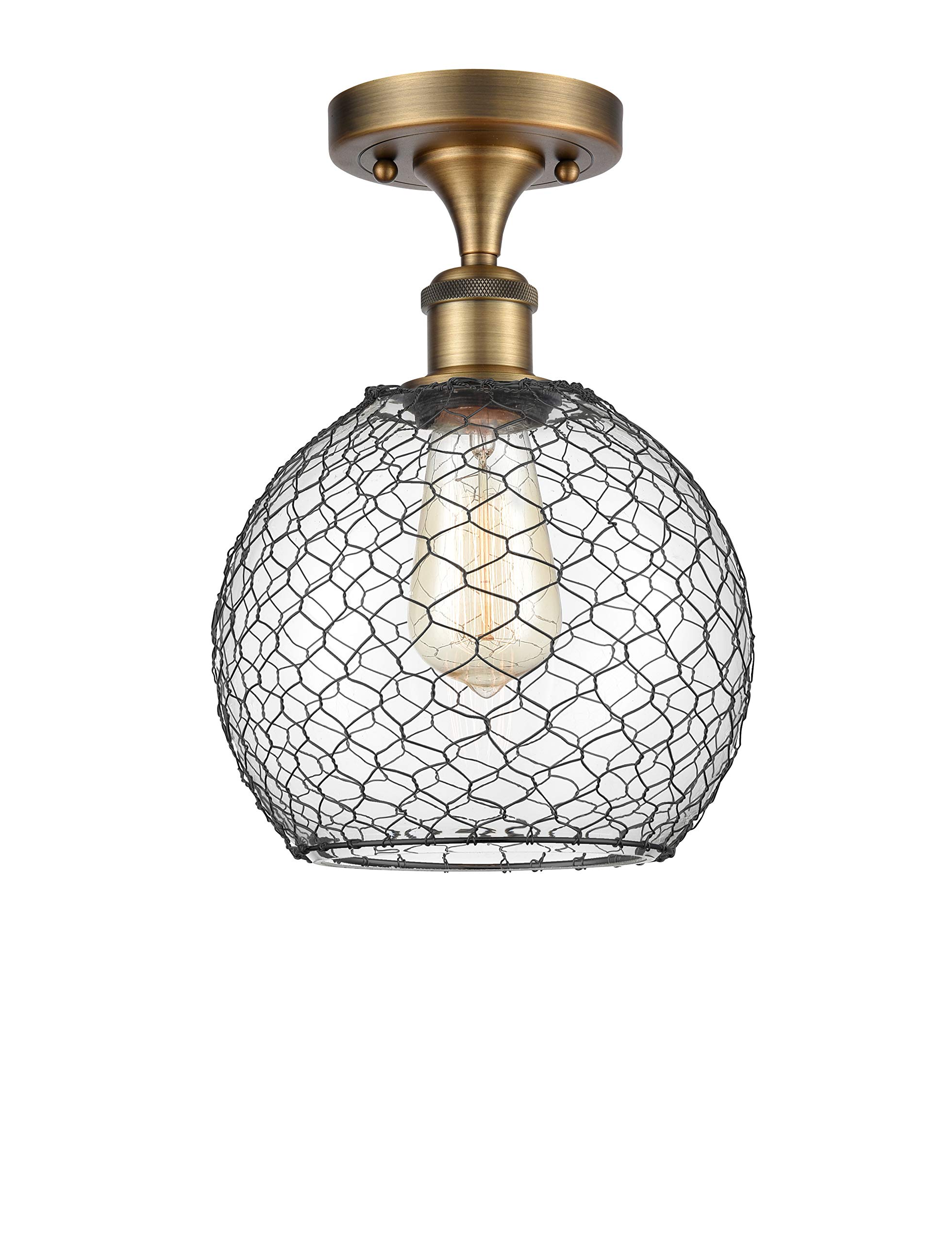 Farmhouse Chicken Wire 1 Light Semi-Flush Mount Ceiling Light - Brushed Brass Finish - Ballston Collection - Rustic Kitchen Lighting for Country Homes & Farmhouse Decor