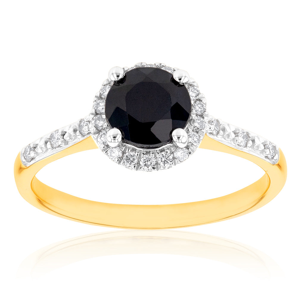 9ct Yellow Gold 1.20ct Natural Sapphire and 1/10 Carat Diamond Halo Ring - Elegant Engagement & Wedding Jewelry for Women