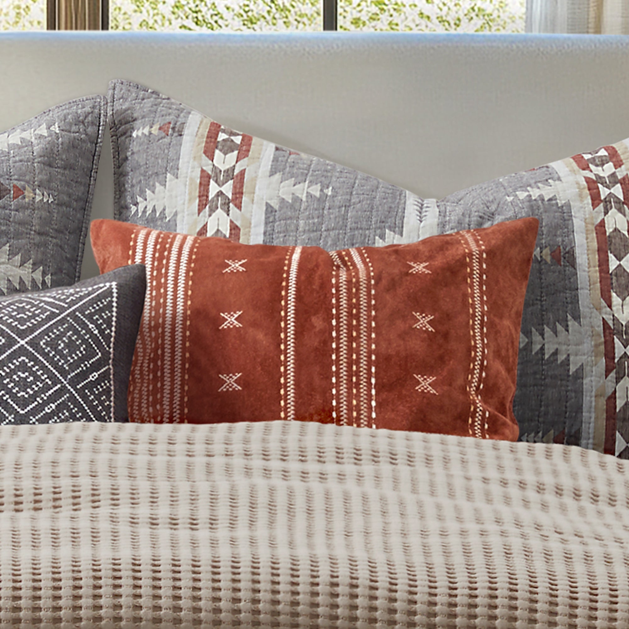 Rust Embroidered Decorative Throw Pillow Covers - Western Boho Home Decor for Living Room, Bedroom, and Couch