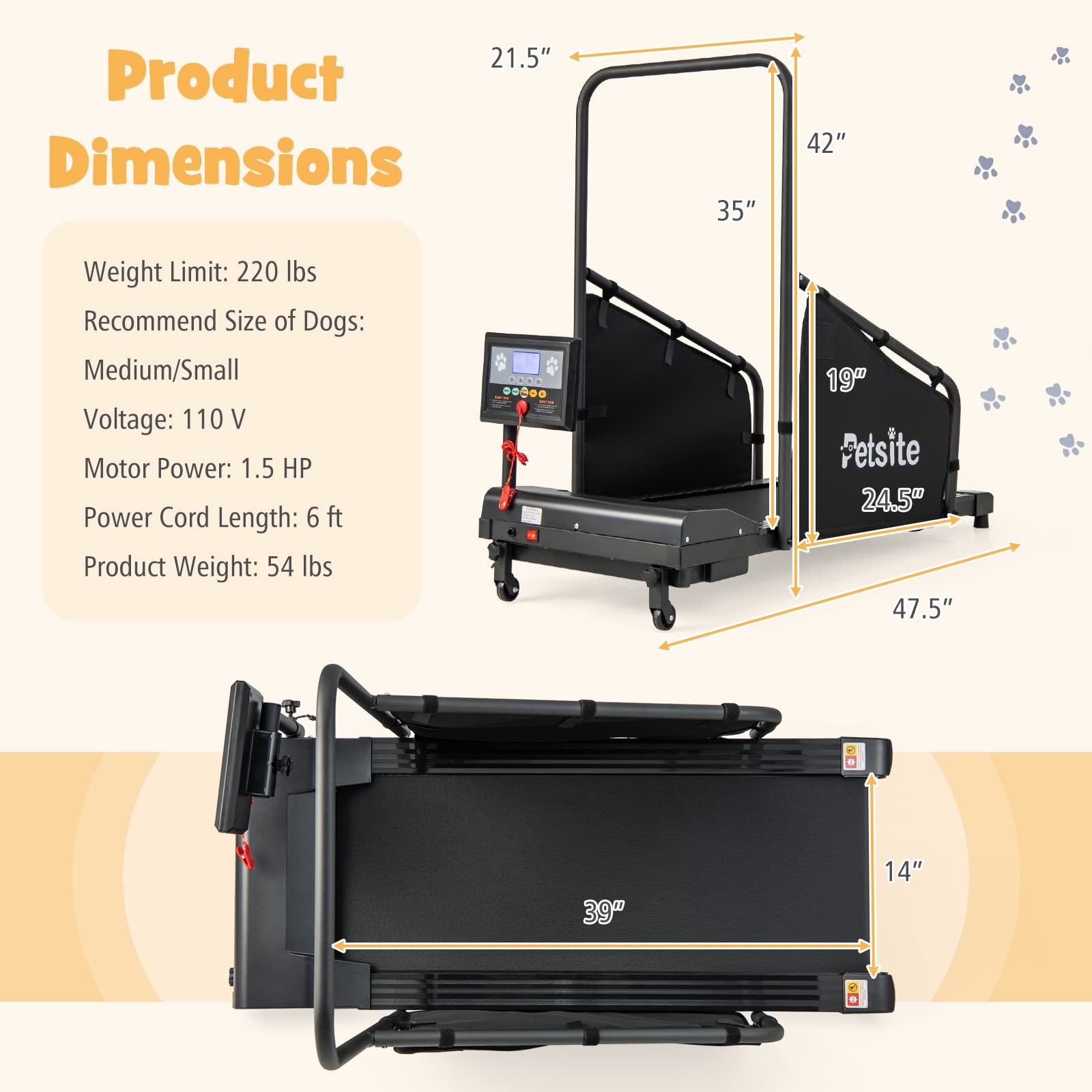 PETSITE Dog Treadmill for Small & Medium Dogs - Pet Exercise Running Machine with LCD Display, Supports Up to 220 lbs - Indoor Dog Fitness Equipment for Home Training & Weight Management