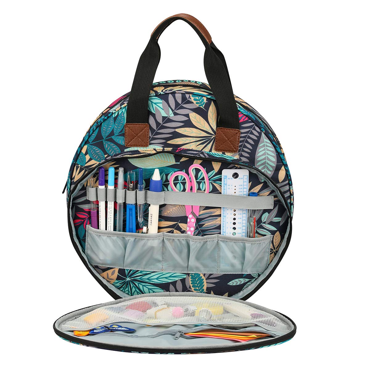 Looen Embroidery Project Bag - Multifunctional Storage for Crochet & Sewing (Blue Leaf) - Perfect for Crafting & Travel
