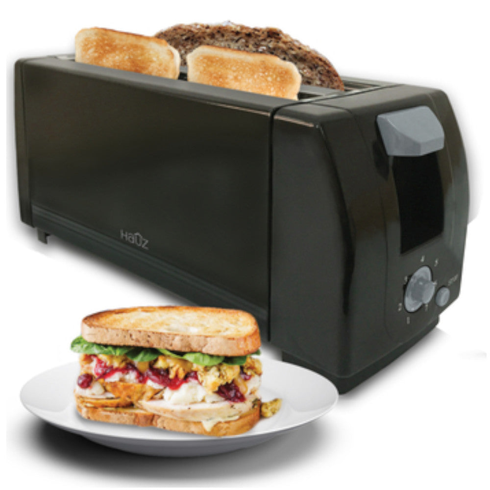 HAUZ ATS772 4 Slice Long Slot Toaster - Black Stainless Steel | Perfect for Breakfast, Bagels & Family Kitchens