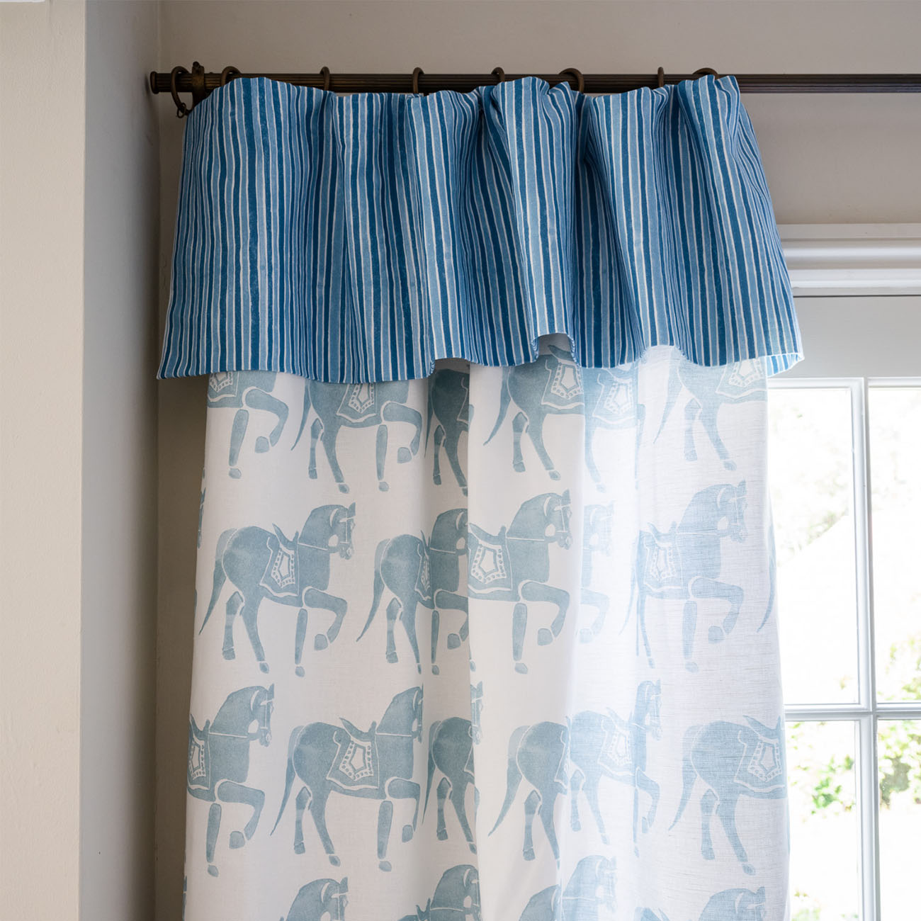 Marwari Horse Printed Linen/Cotton Fabric - Duck Egg Blue - Home Decor, Upholstery & Crafting Material