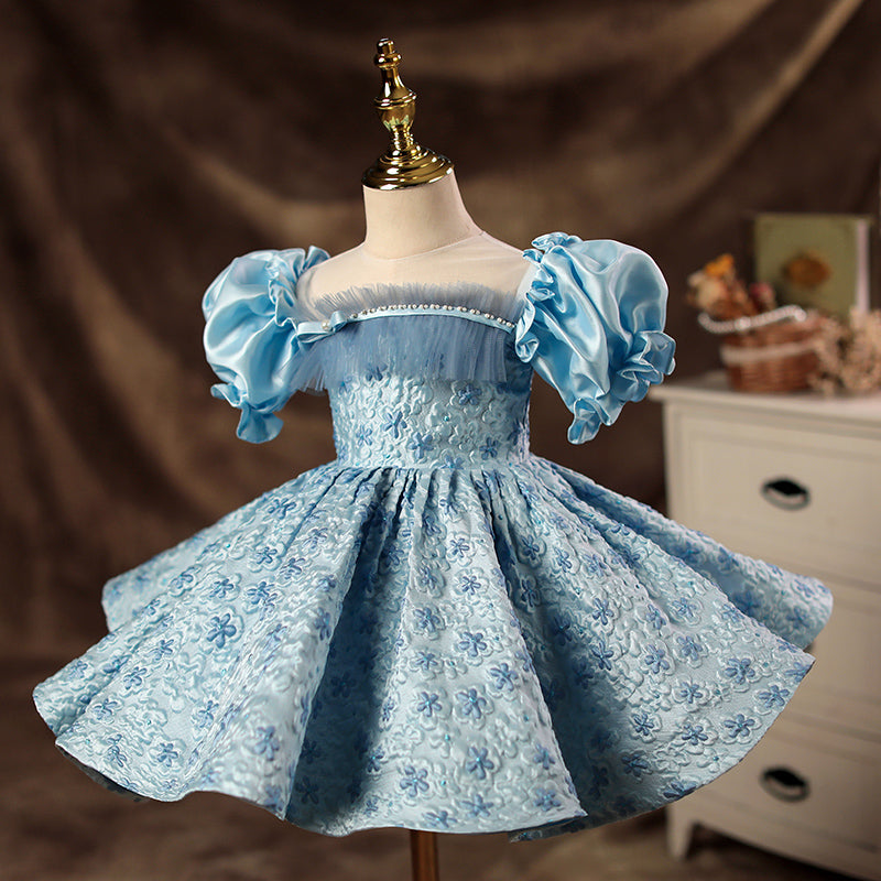 Royal Blue Satin Flower Girl Dress with Puff Sleeves & Floral Details - Perfect for Weddings, Pageants & Special Occasions