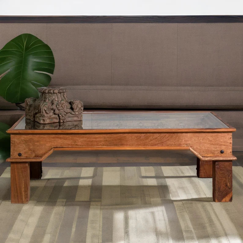 Hand Carved Vintage Style Solid Wood Coffee Table - Rustic Farmhouse Living Room Furniture for Home Decor