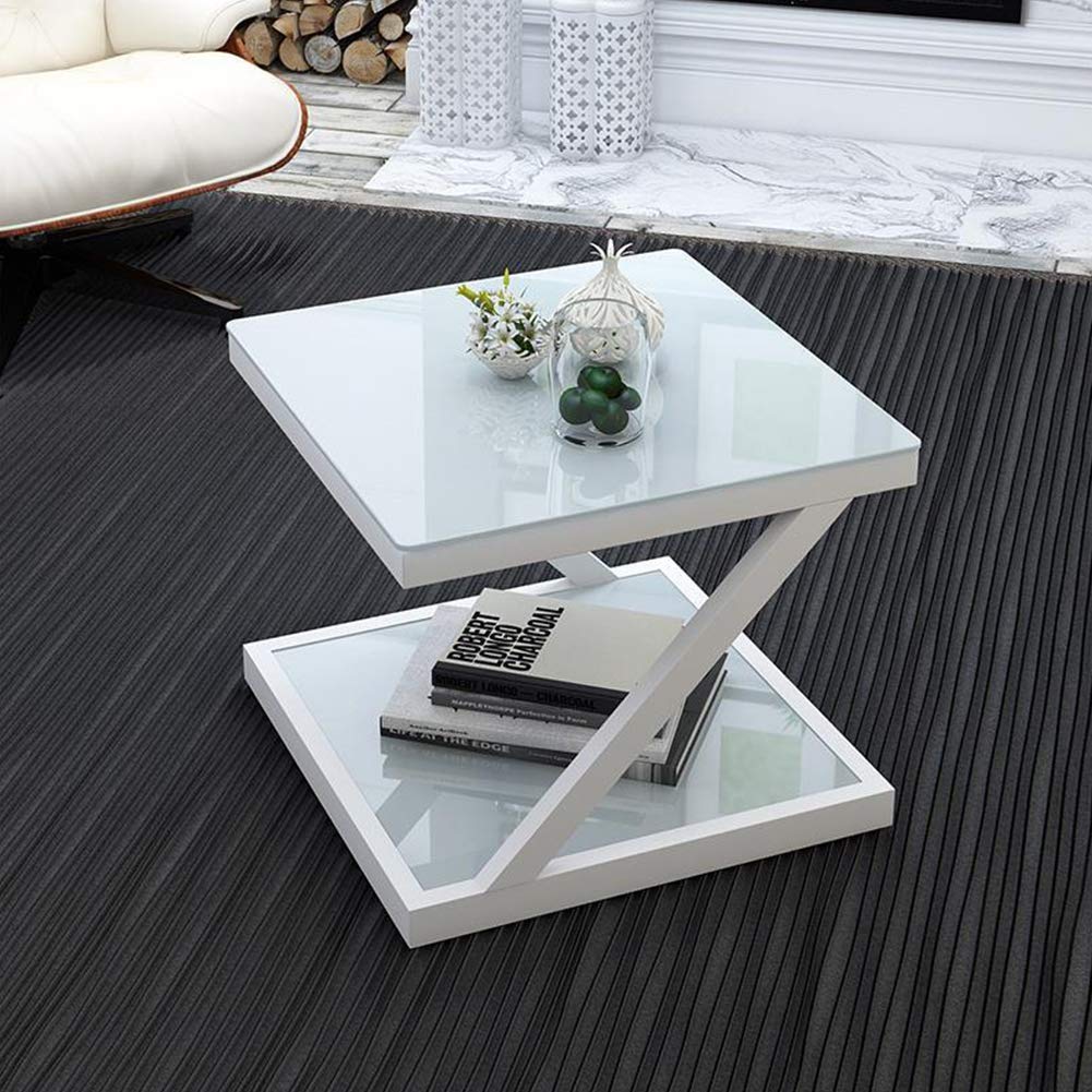Modern Z-Shape Sofa Side Table with Tempered Glass Top & Stainless Steel Frame - Stylish Nightstand with Storage Shelf for Bedroom, Living Room, Balcony | Perfect for Holding Drinks, Books & Decor in Small Spaces