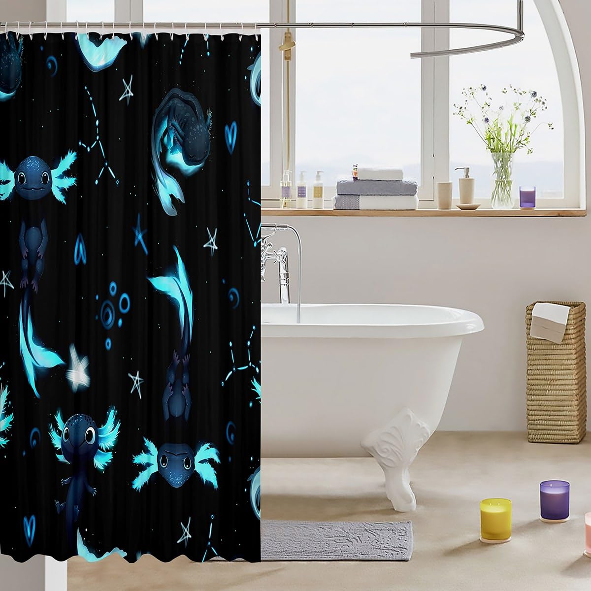 Cute Axolotl Shower Curtain Set - Black & Blue Waterproof Bathroom Decor for Kids & Adults | Kawaii Animal Print | 72x72 Inch | Perfect for Bathrooms, Dorms, and Themed Rooms