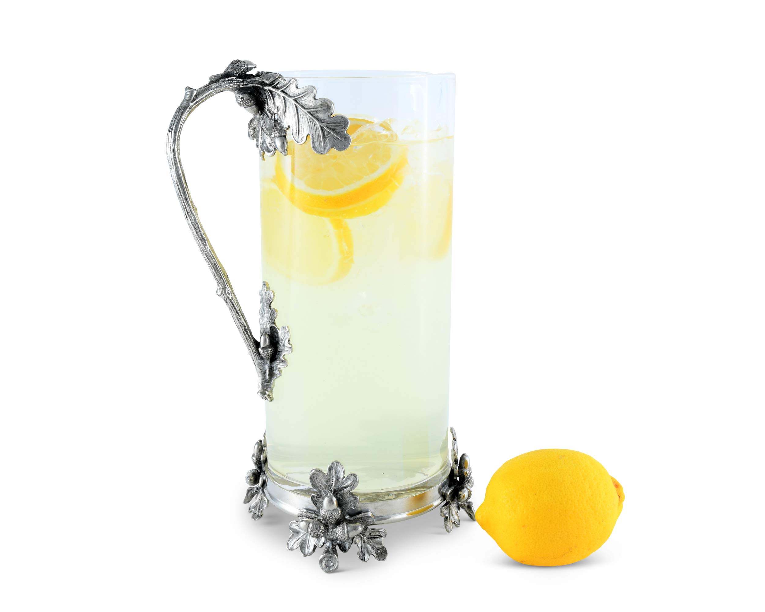 Vagabond House 52 oz Glass Pitcher with Pewter Acorn & Oak Leaf Handle - Perfect for Cold Water, Iced Tea, Juice & Beverages - 10.25 Inch Tall Elegant Serving Pitcher for Parties, Dining & Outdoor Gatherings