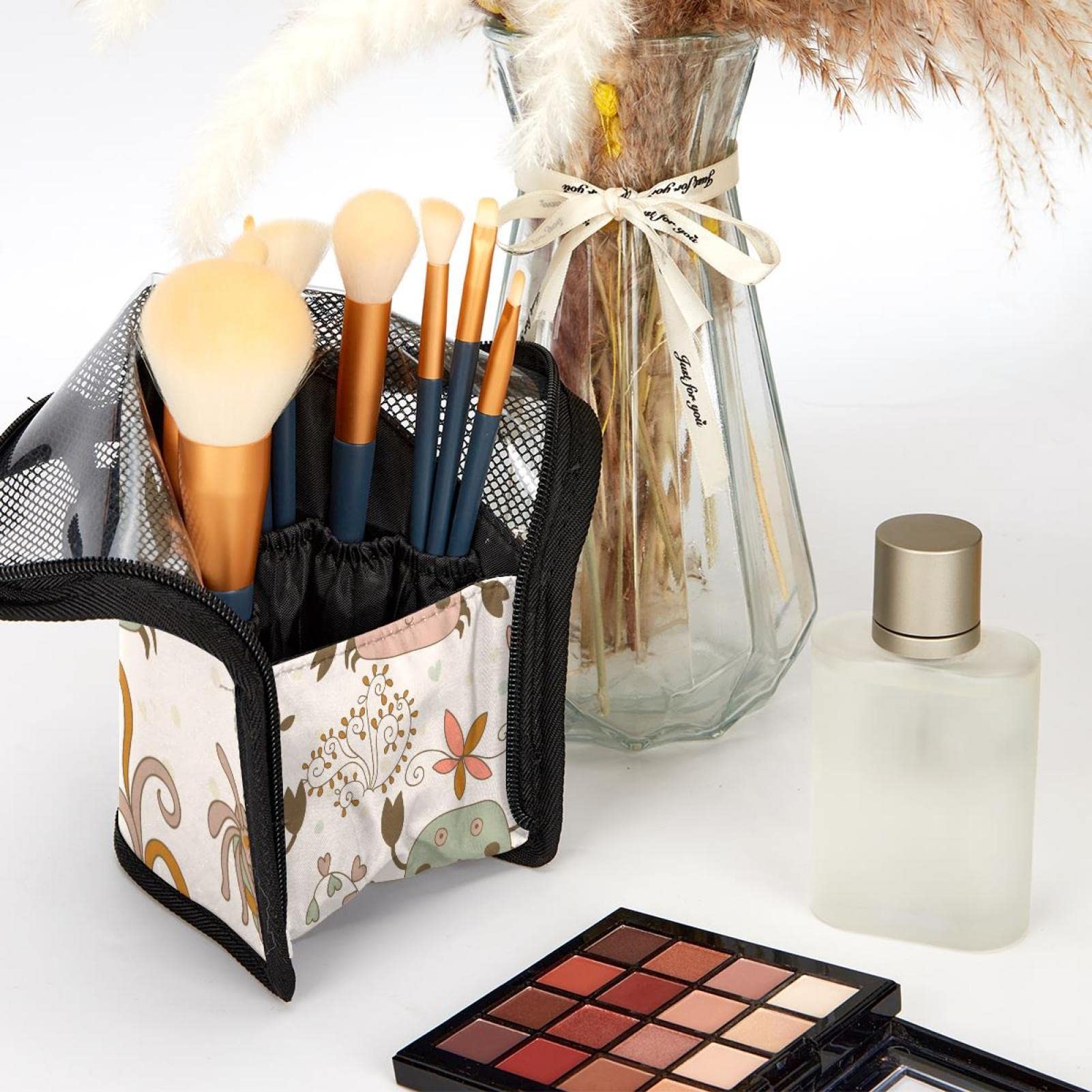 Premium Makeup Brush Organizer Bag with 12 Slots - Waterproof Travel Cosmetic Brush Holder Case for Makeup Artists & Beauty Enthusiasts (Ocean Seaweed Crab Design) - Perfect for Home Vanity, Travel & Professional Makeup Kits