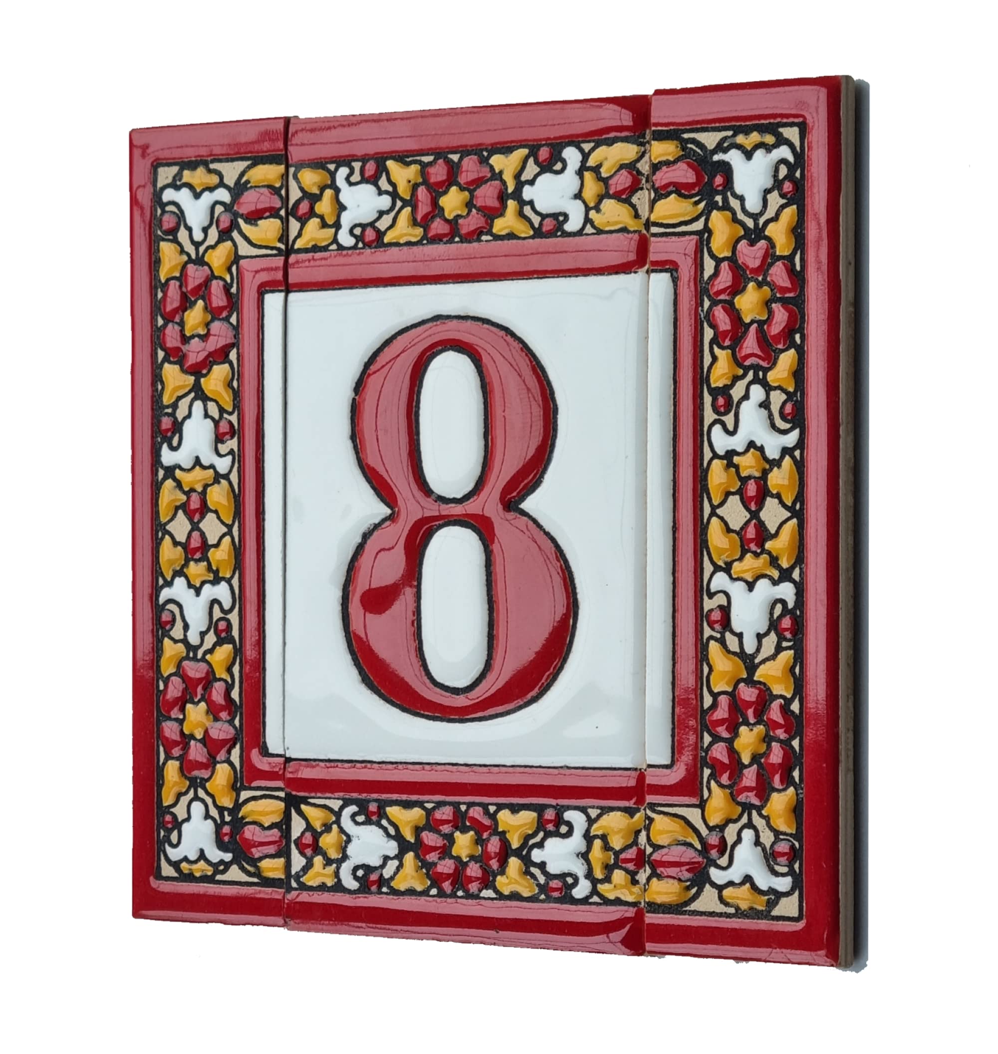 11 cm x 5.5 cm Spanish Red Floral Ceramic Number Tiles with Optional Metal Filigree Frames (8-Piece Set) - Perfect for House Address Signs, DIY Home Decor, and Wedding Table Numbers