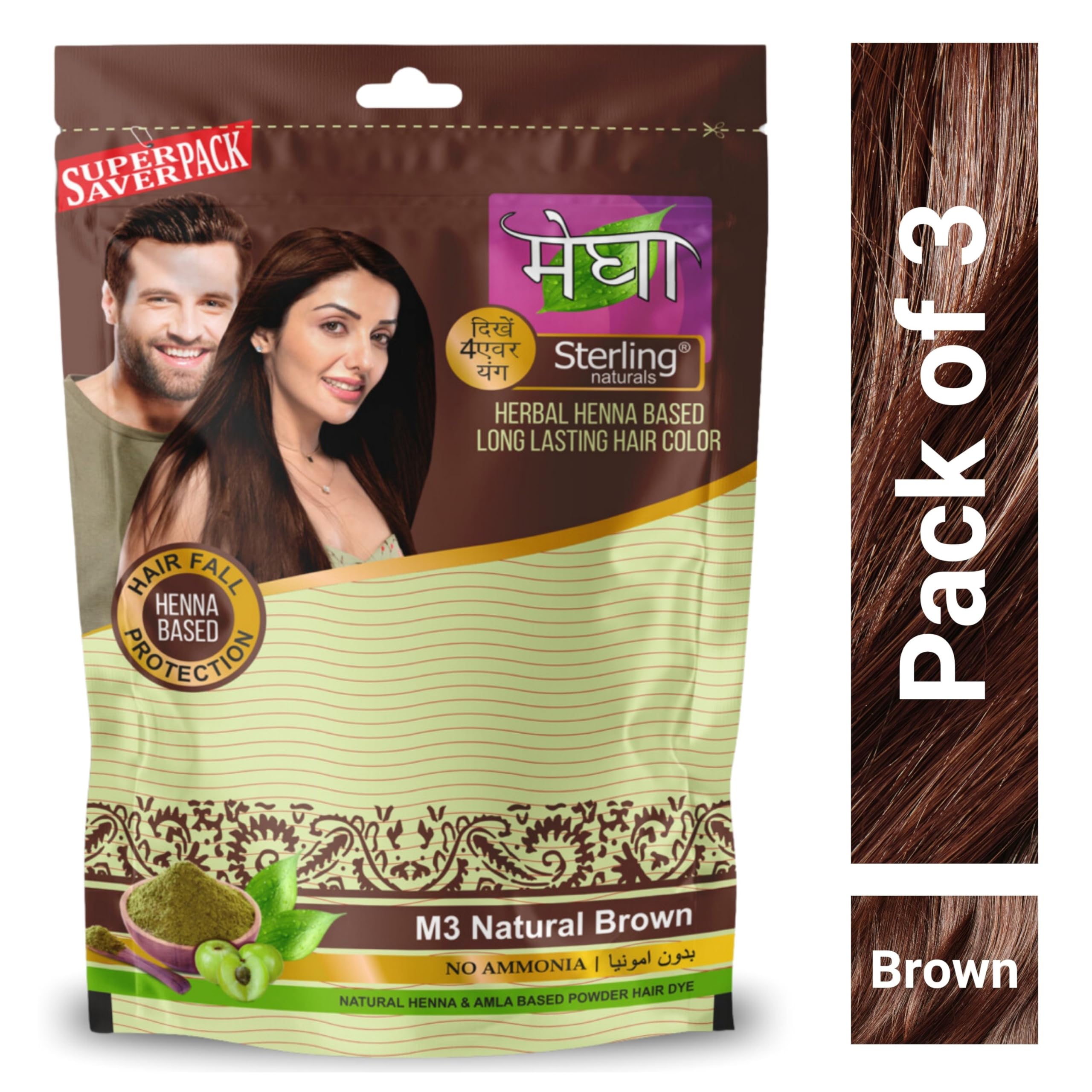 Sterling Naturals Megha Mehandi Natural Brown Henna Hair Dye for Women - 100% Organic, Chemical-Free, Ammonia-Free Hair Color - Pack of 3 (45g Each) - Perfect for Gray Coverage, Hair Conditioning & Natural Looking Color at Home