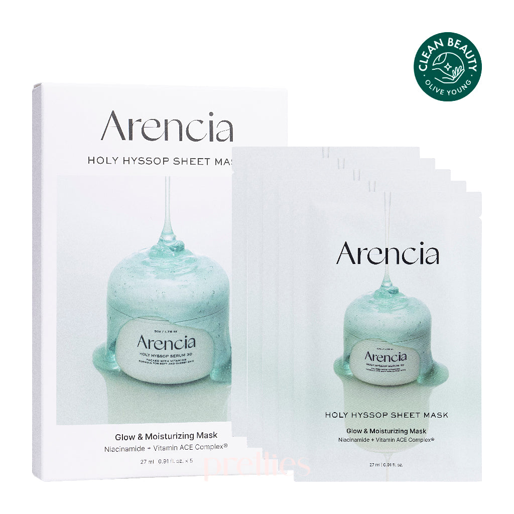Arencia Holy Hyssop Glow Sheet Mask - 5 Pack Facial Mask for Brightening & Hydration - Perfect for Spa Night & Self-Care Routine