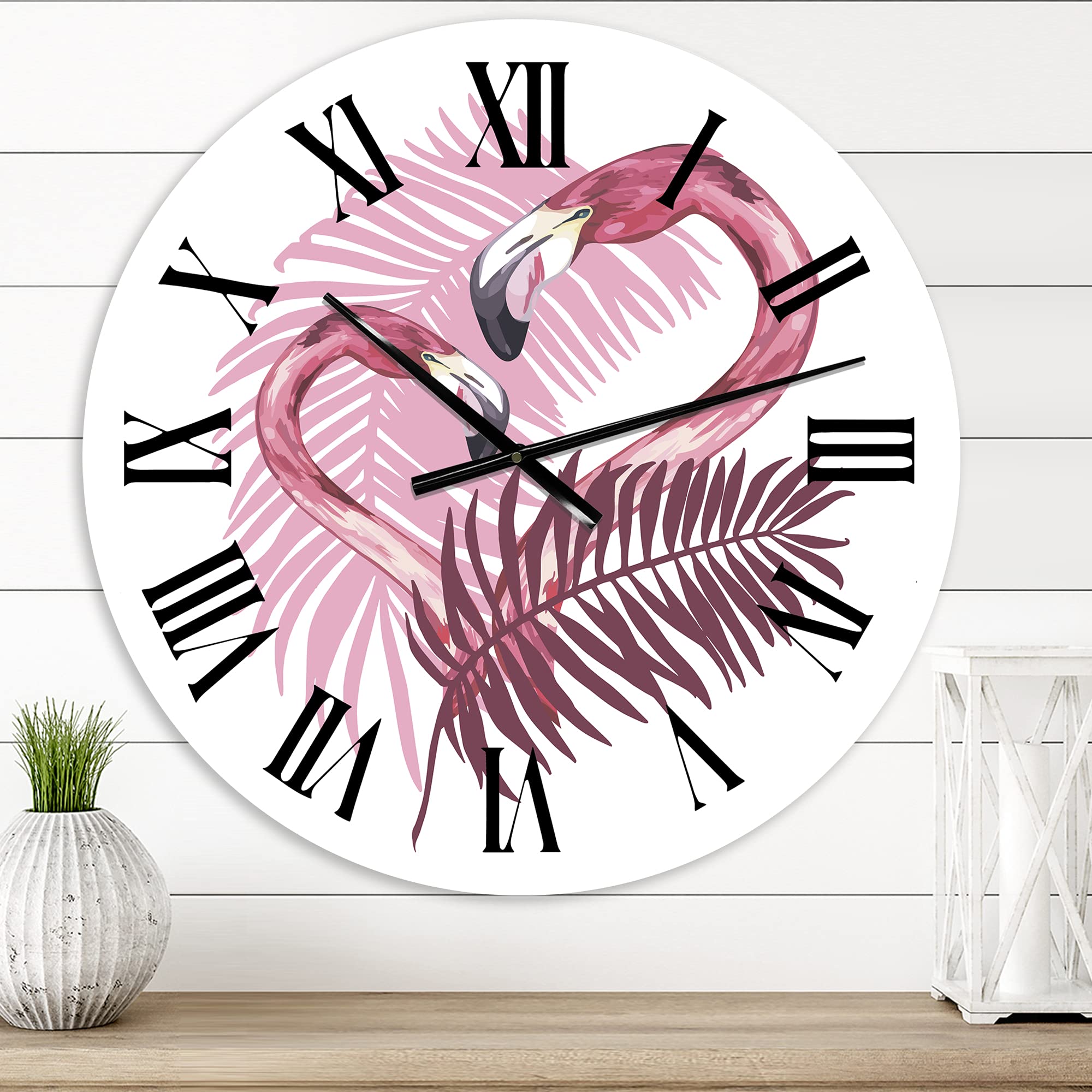 DesignQ Tropical Wall Clock 'Flamingo in Tropical Summer II' - Large Animal Wall Clock for Kitchen, Living Room, Bedroom Decor - Perfect for Beach House, Tropical Theme Rooms & Home Office