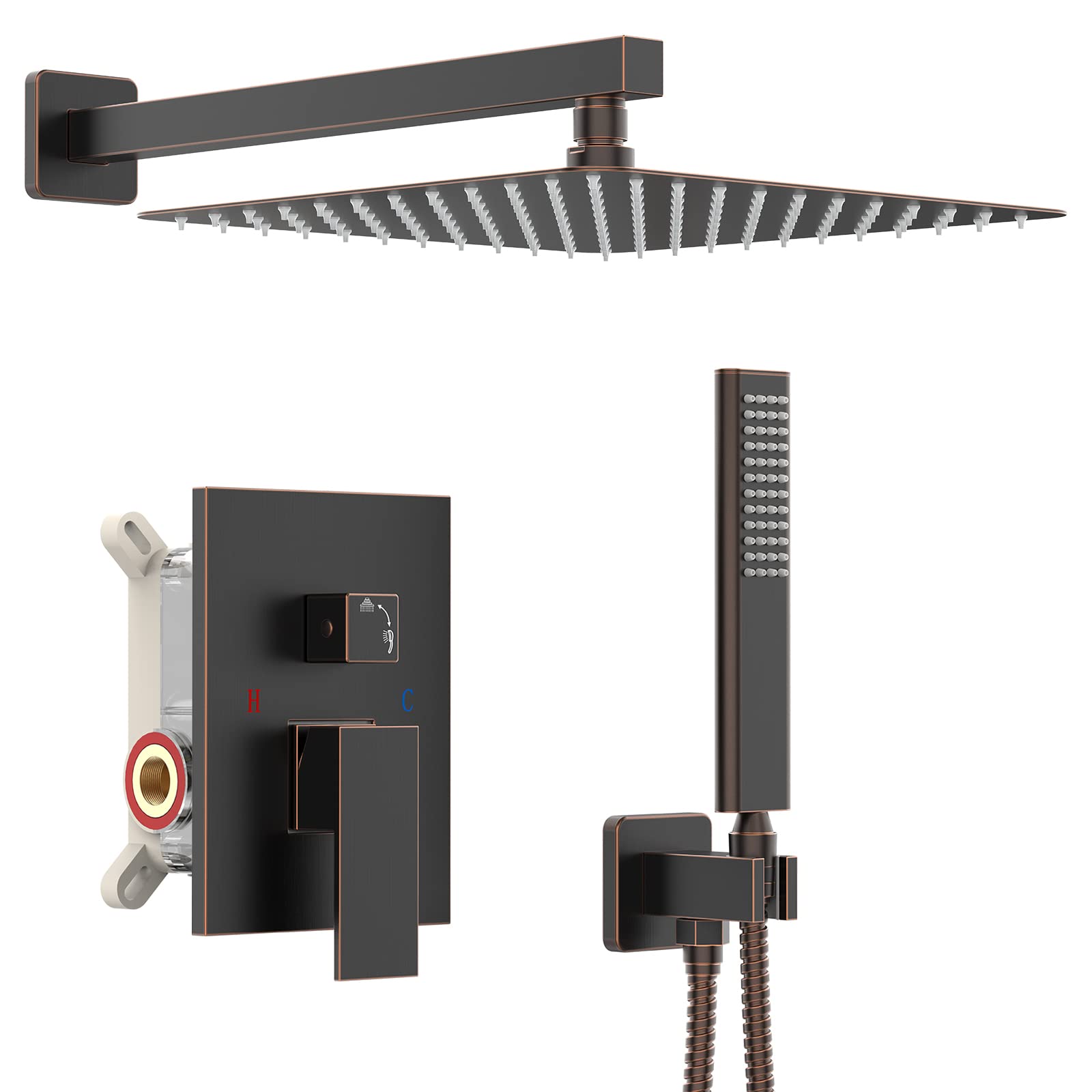 Oil Rubbed Bronze Shower System - 12 Inch Square Rainfall Shower Head & Handheld Spray - Wall Mounted Bathroom Faucet Set with Mixer Valve & Trim Kit (Valve Included) - Perfect for Modern & Luxury Bathroom Renovations