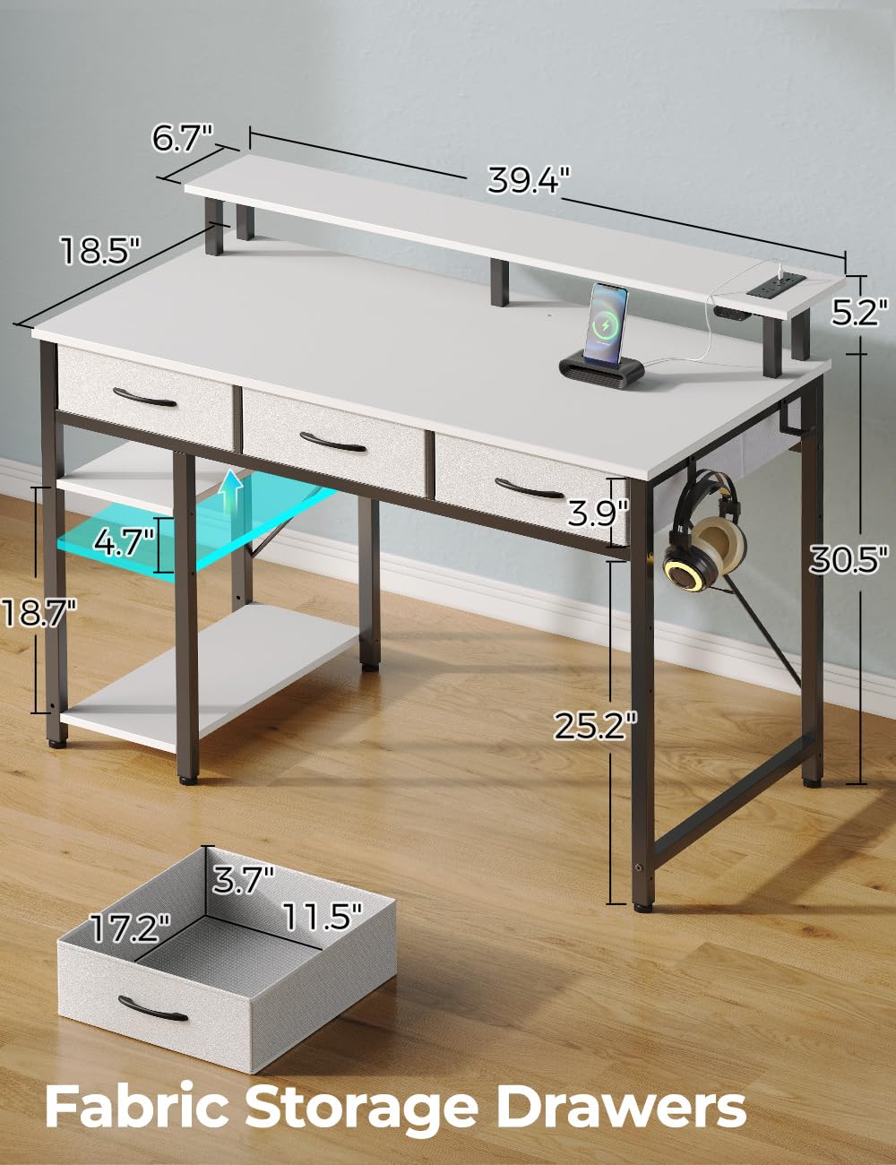 Rolanstar 39-inch Modern Computer Desk with Built-in Power Outlets & LED Light - Home Office Desk with 3 Drawers, Storage Shelves & Monitor Stand - Ergonomic Writing Workstation for Small Spaces (White) - Perfect for Remote Work, Gaming & Study Setup