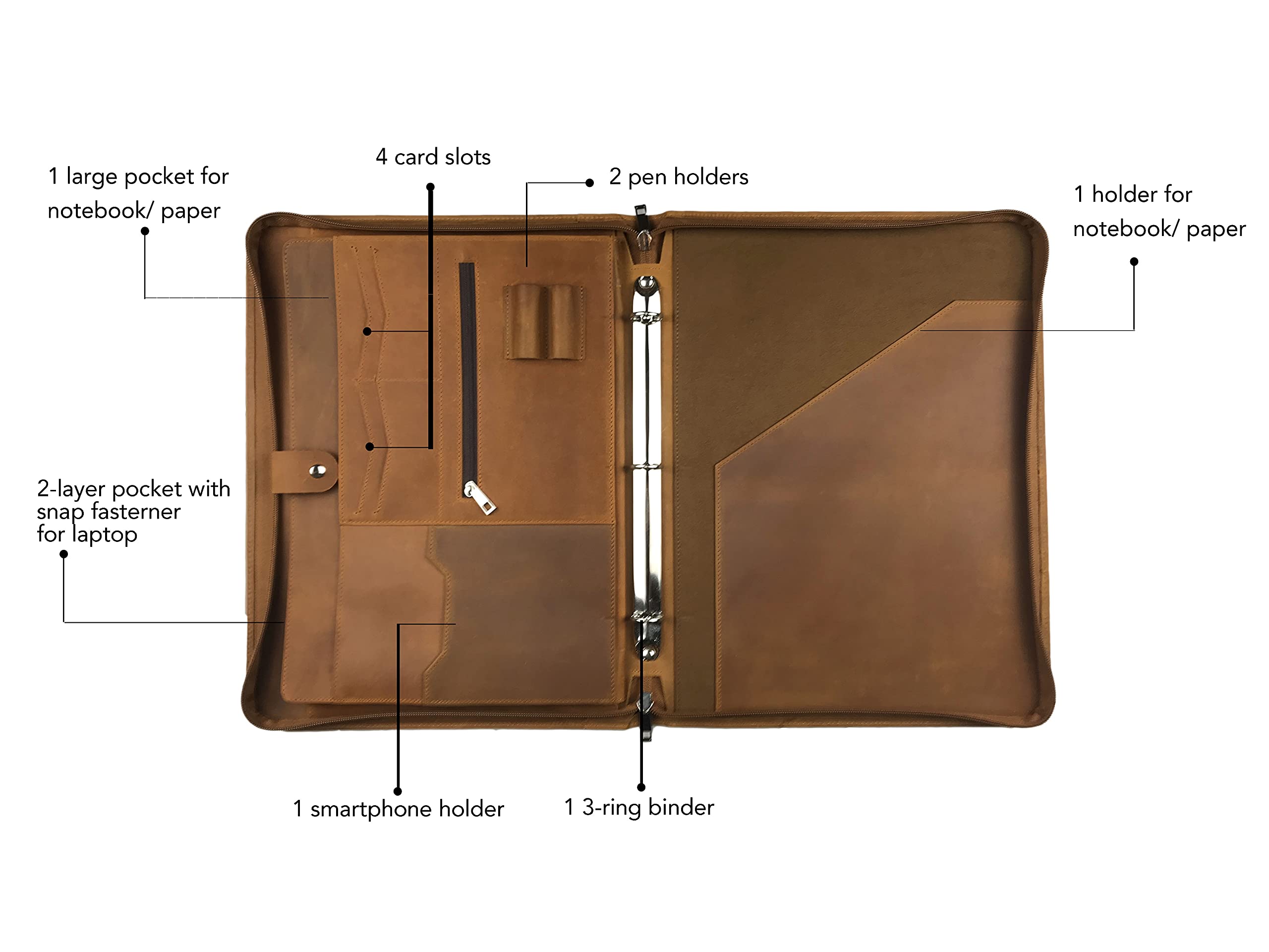 Premium Genuine Leather Portfolio for Men & Women - Personalized 3-Ring Zipper Binder with A4/Legal Pad Holder - Fits 13