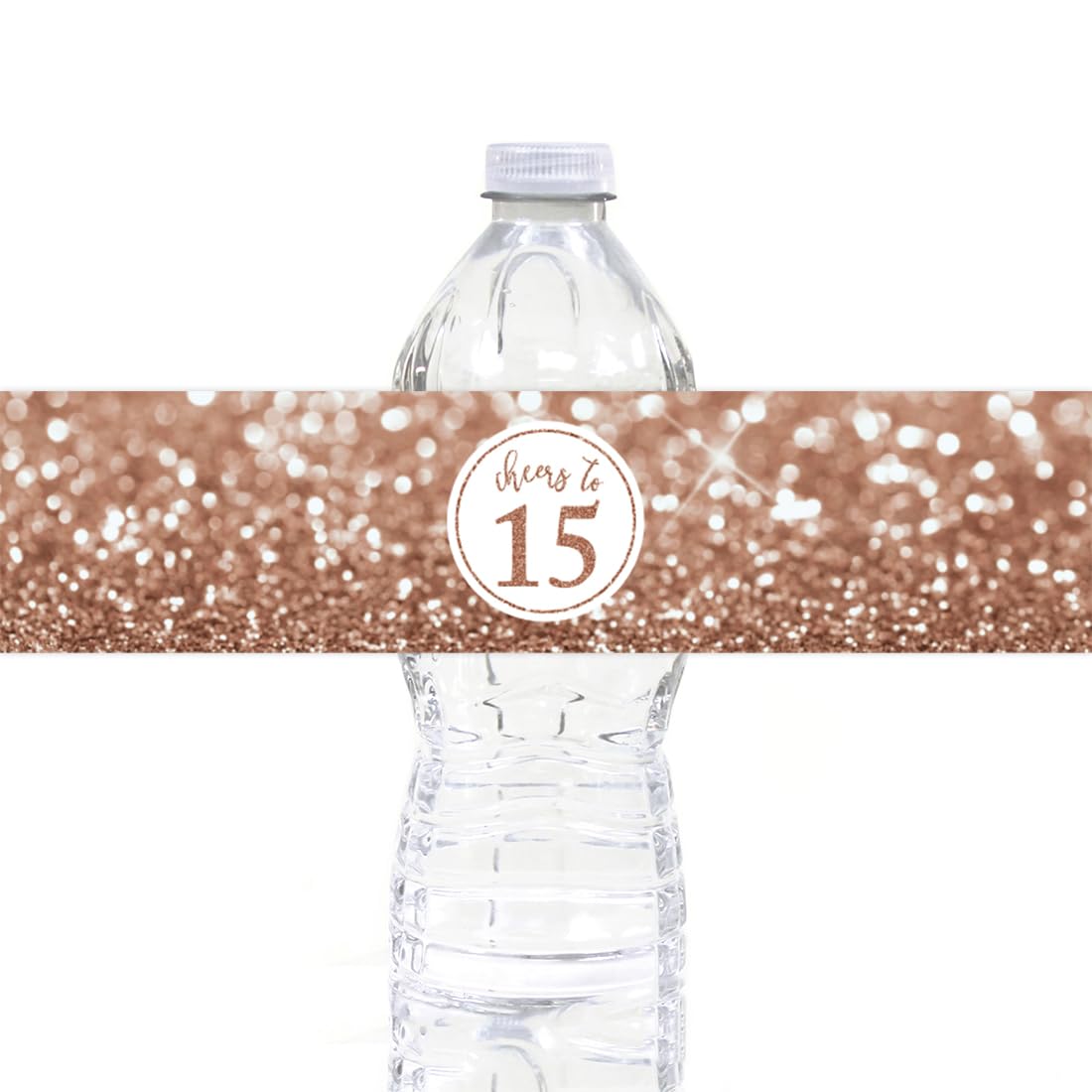 Andaz Press Glitzy Faux Glitter Rose Gold Water Bottle Labels Stickers - 20-Pack for Quinceañera, 15th Birthday Party Decorations, Anniversary Celebrations & Special Events - Perfect for Women's Milestone Parties, Bridal Showers & Baby Showers