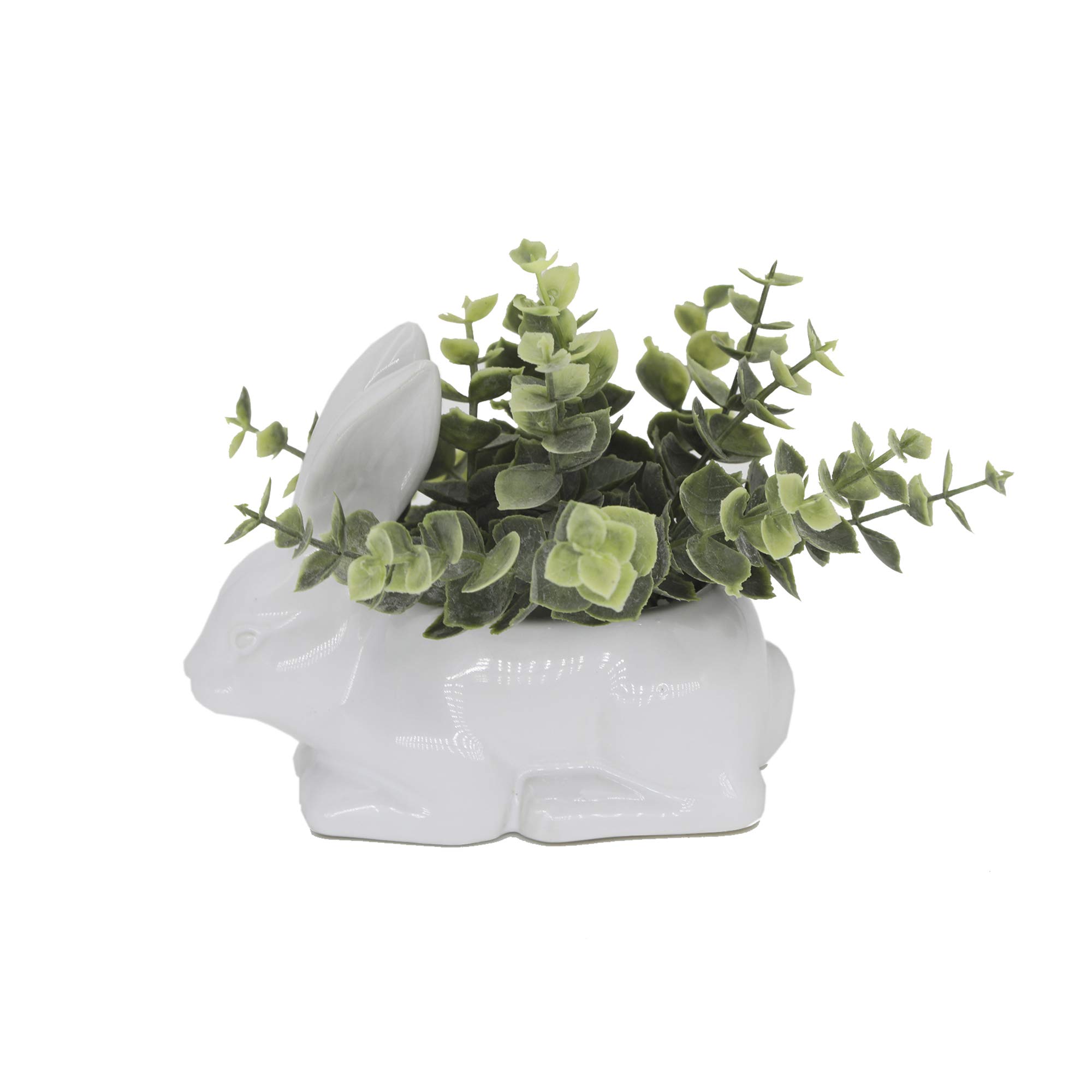 Flora Bunda Ceramic Bunny Rabbit with Artificial Eucalyptus - Cute Home Decor for Living Room, Kitchen, Office & Spring Easter Table Centerpiece
