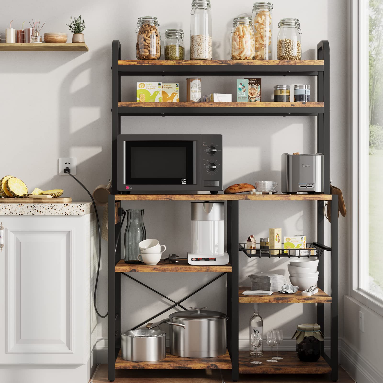 6-Tier Bakers Rack with Power Outlet & Wire Drawer - Kitchen Buffet Table with Hutch, Microwave Stand & Large Storage - Perfect for Coffee Bar, Dining & Living Room Organization