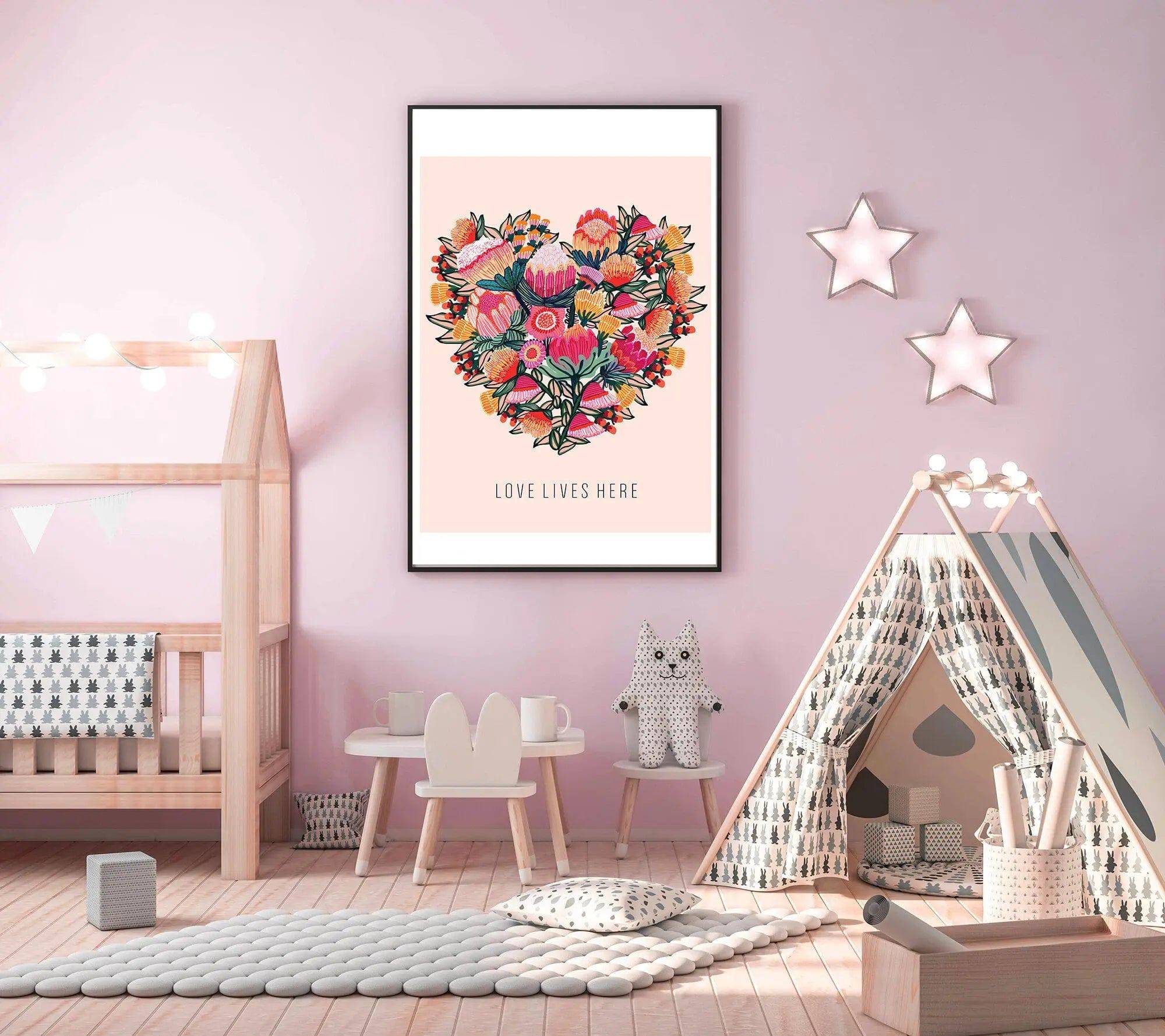Love Lives Here Floral Heart Art Print - Beautiful Wall Decor for Home, Bedroom & Office - Perfect Gift for Valentine's Day, Wedding & Housewarming