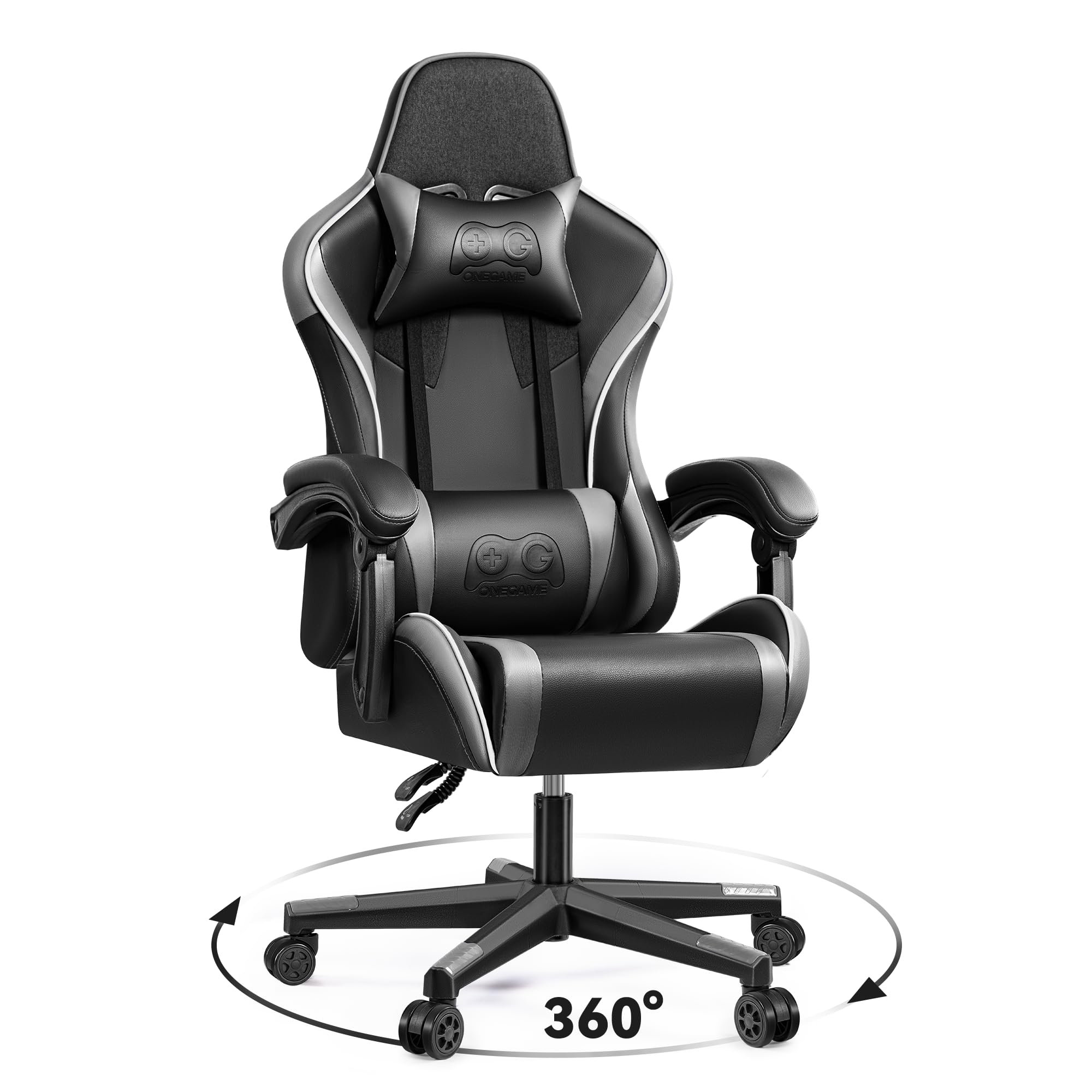 OneGame Ergonomic Gaming Chair - High Back Racing Style Computer Desk Chair with Adjustable Lumbar Support, Swivel & Reclining for Office & Home Use - Black Gray - Perfect for PC Gaming, Streaming & Long Work Sessions